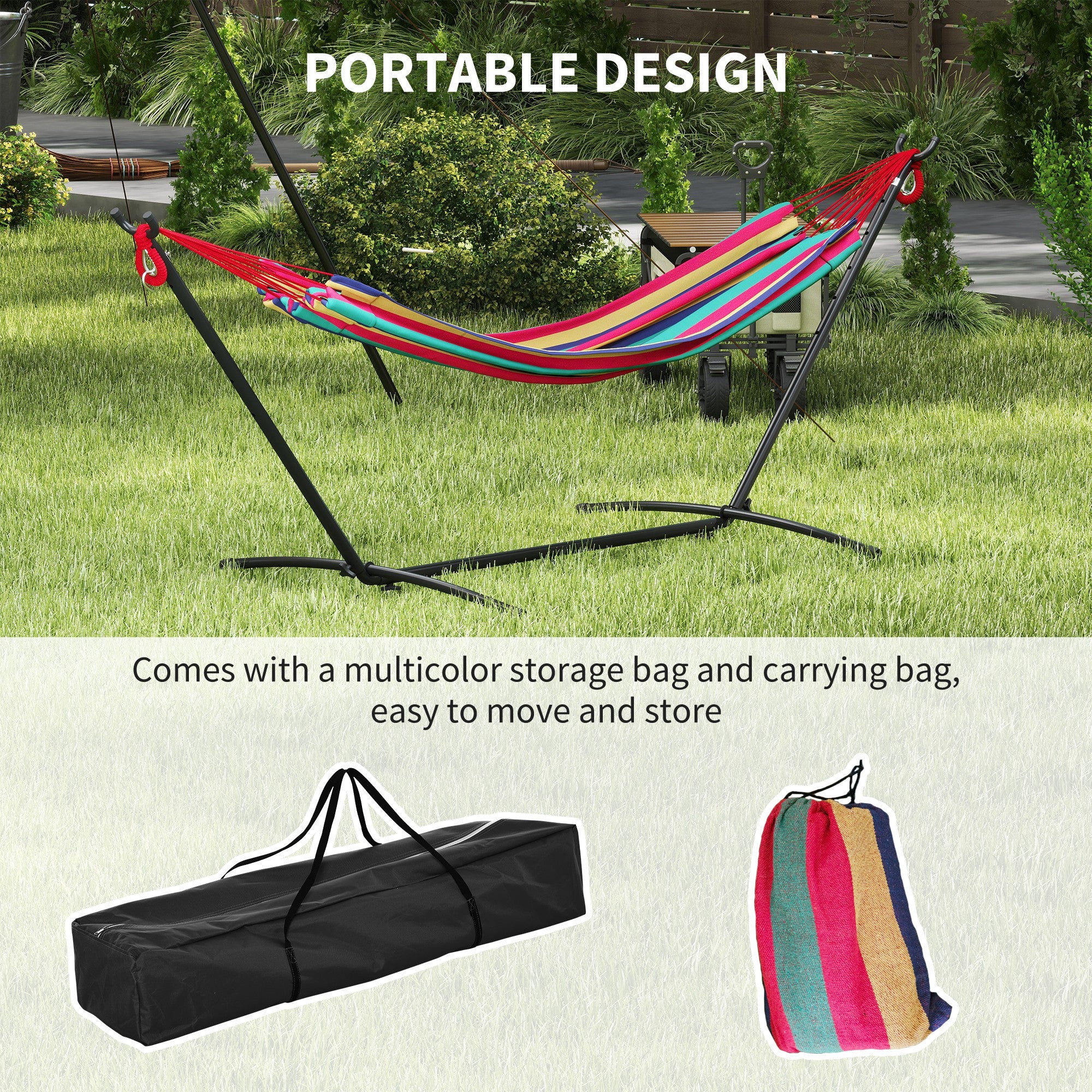 Outsunny 298 x 117cm Hammock with Stand Camping Hammock with Portable Carrying Bag, Adjustable Height, 120kg Load Capacity, Multicolour