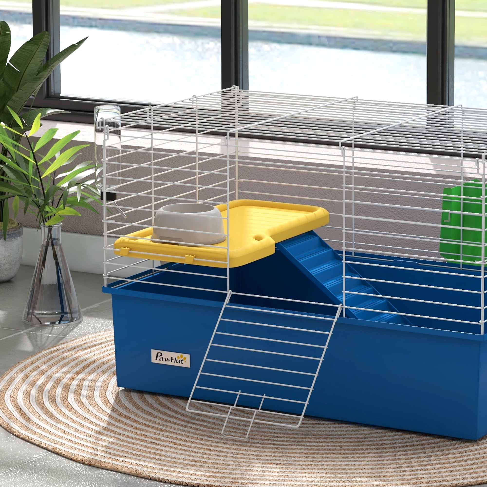 PawHut Chinchillas Small Rabbit Guinea Pig Small Animal Cage, Pet Playhouse, with Platform, Ramp, 71 x 46 x 47cm, Blue - North Peak Garden Furniture