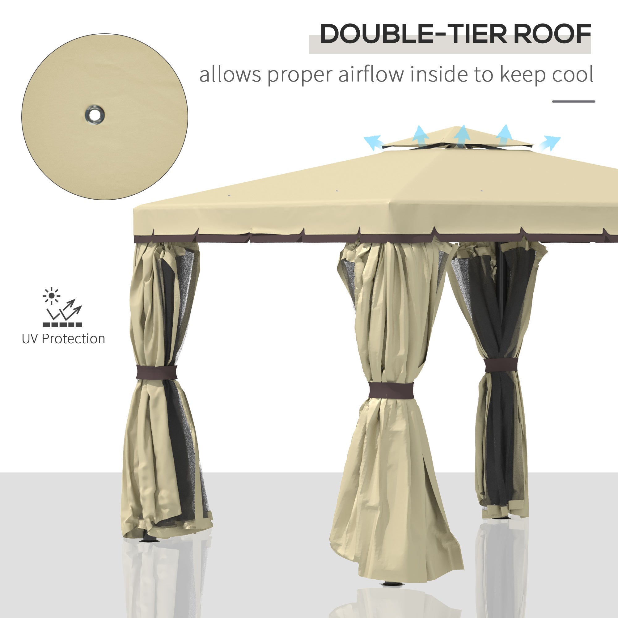 Outsunny 3 x 3(m) Patio Gazebo Canopy Garden Pavilion Tent Shelter with 2 Tier Water Repellent Roof, Mosquito Netting and Curtains, Aluminium Frame, Beige - North Peak Garden Furniture