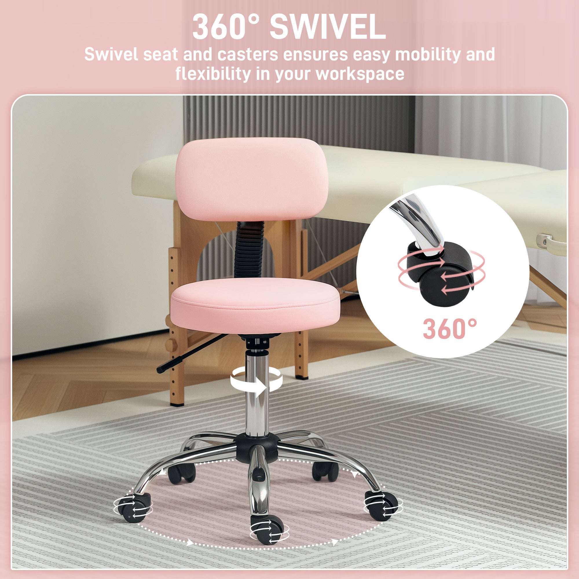 HOMCOM 360° Swivel Seat Salon Stool - Pink - North Peak Garden Furniture