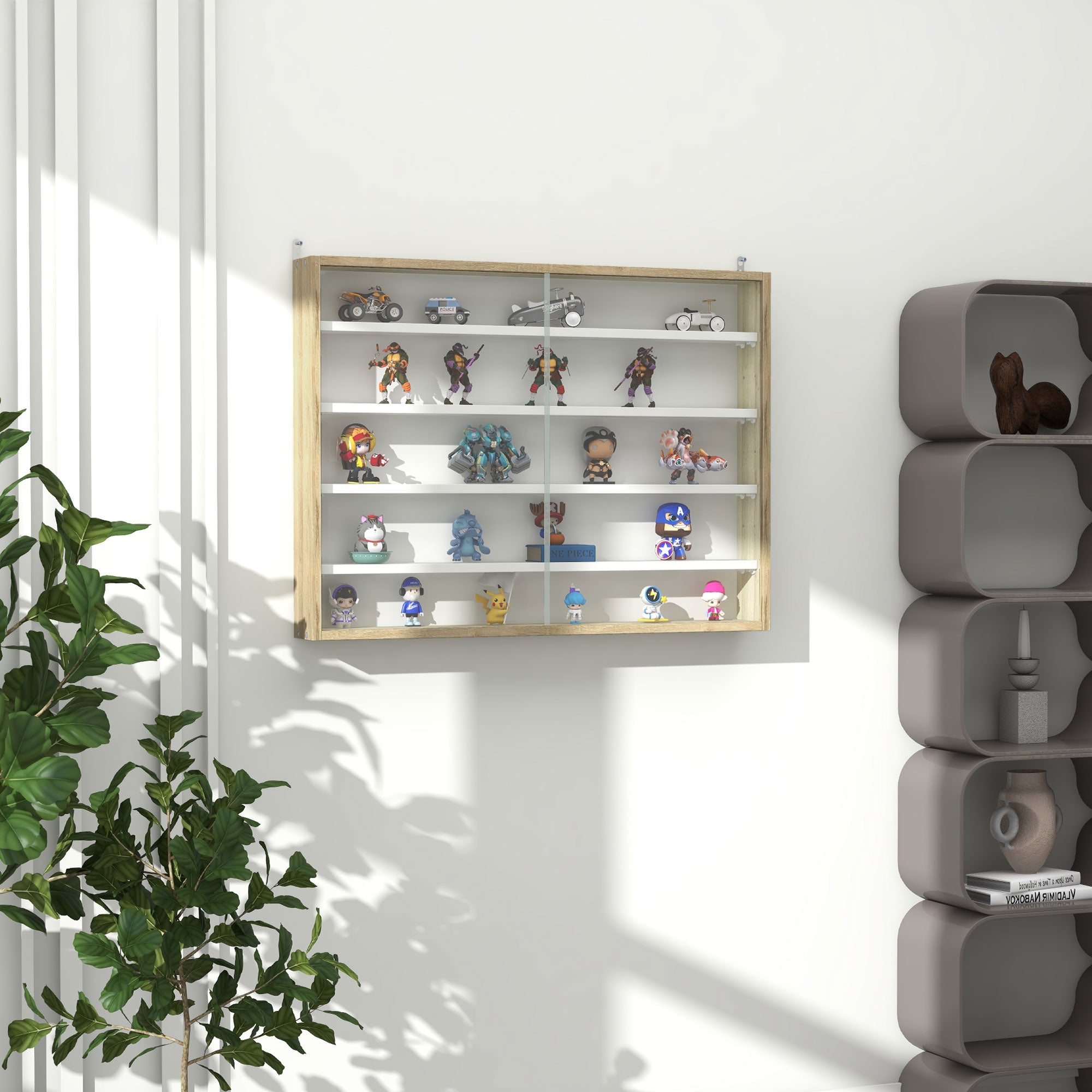 HOMCOM 5-Tier Wall Display Shelf Unit Cabinet w/ 4 Adjustable Shelves Glass Doors Home Office Ornaments 60x80cm Natural - North Peak Garden Furniture