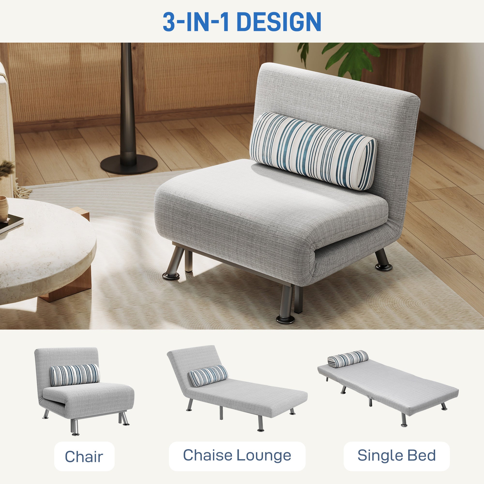 HOMCOM Single Sofa Bed, 1 Person Sleeper Foldable Lounge with Pillow, Grey