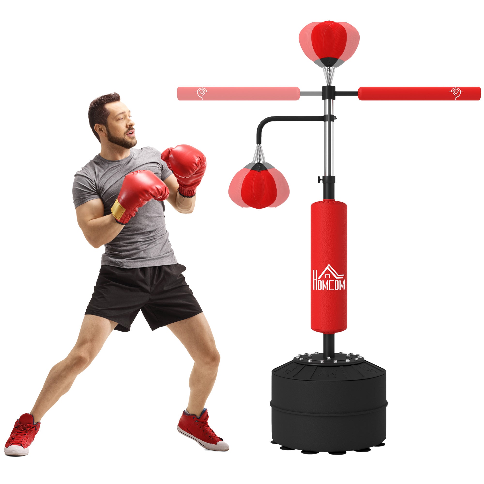 HOMCOM 3-in-1 Boxing Punching Bag, Freestanding with 2 Speed Bals, 360° Reflex Bar, 160-230cm Adjustable Height, Red - North Peak Garden Furniture