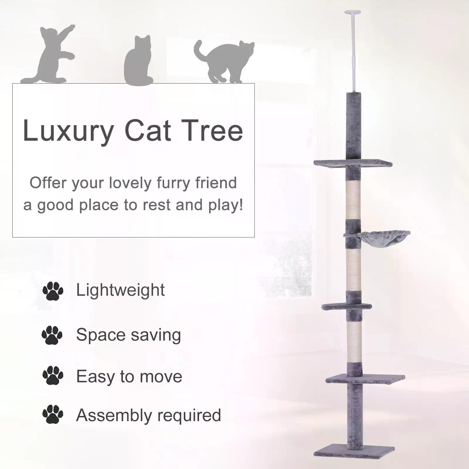 PawHut Floor to Ceiling Cat Tree for Indoor Cats 5-Tier Kitty Tower Climbing Activity Center Scratching Post Adjustable Height 230-260 cm Grey