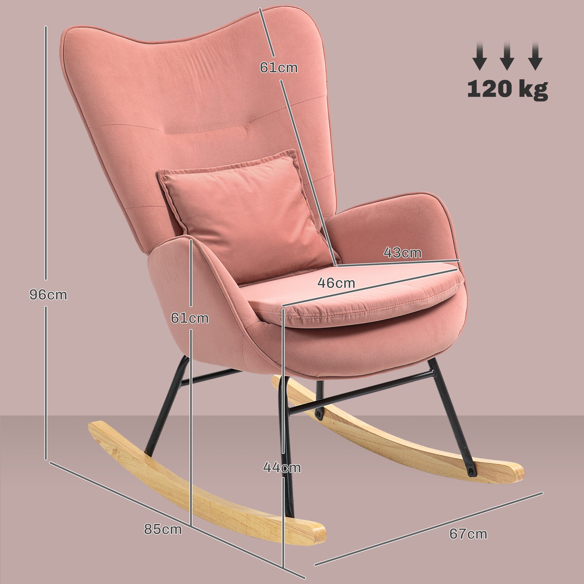 HOMCOM Velvet Rocking Chair Armchair with Lumbar Pillow, Metal Legs and Wood Base for Living Room, Bedroom, Pink