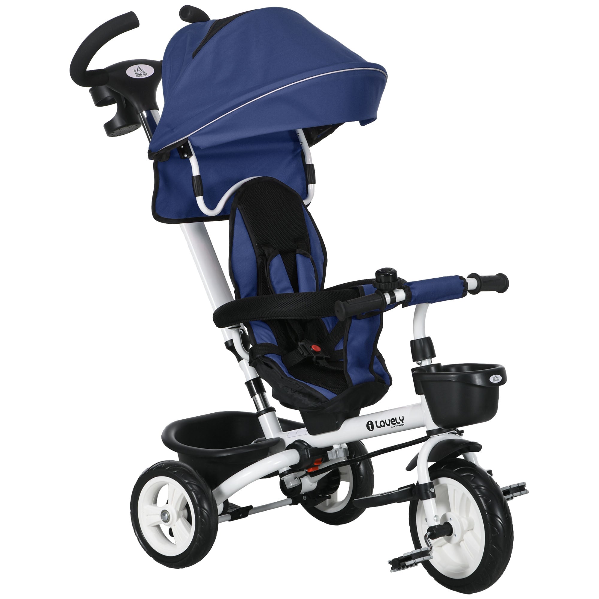 HOMCOM Metal Frame 6 in 1 Baby Push Tricycle with Parent Handle for 1-5 Years Old, Dark Blue - North Peak Garden Furniture