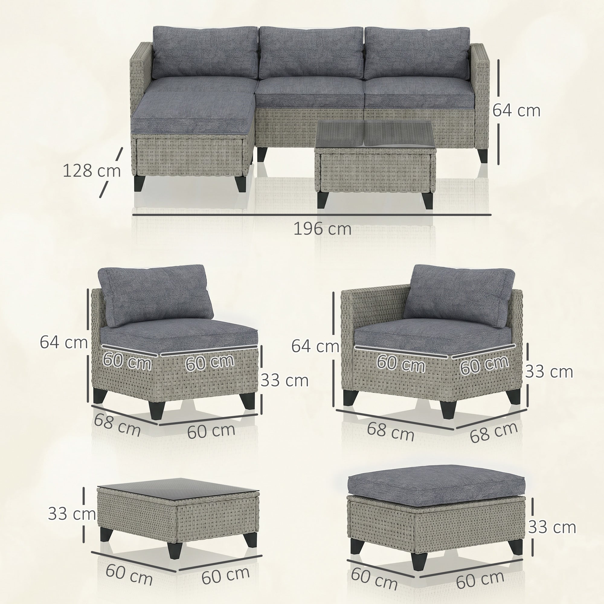 Outsunny 5-Piece Rattan Patio Furniture Set with Corner Sofa, Footstools, Coffee Table, for Poolside, Dark Grey