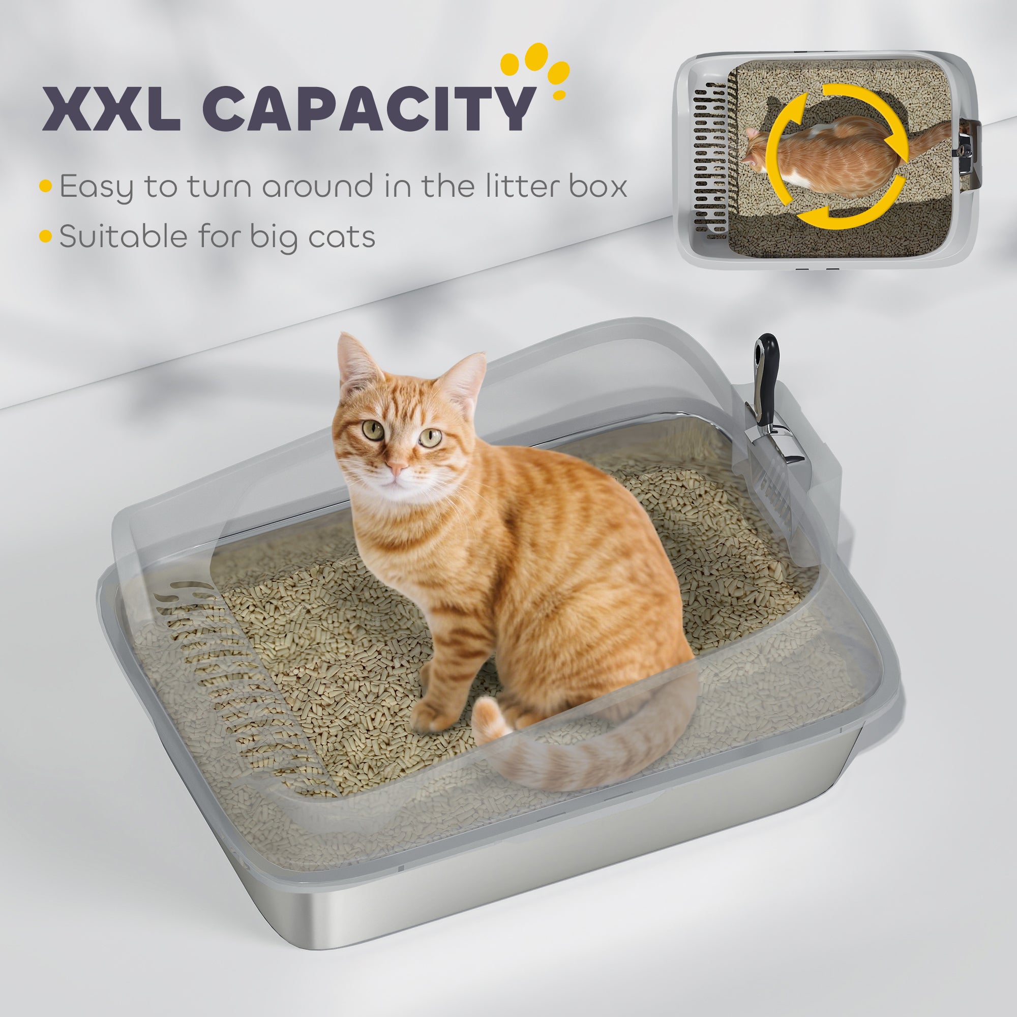 PawHut XXL Stainless Steel Cat Litter Box with High Sides, Metal Scoop, 70 x 50 x 30 cm