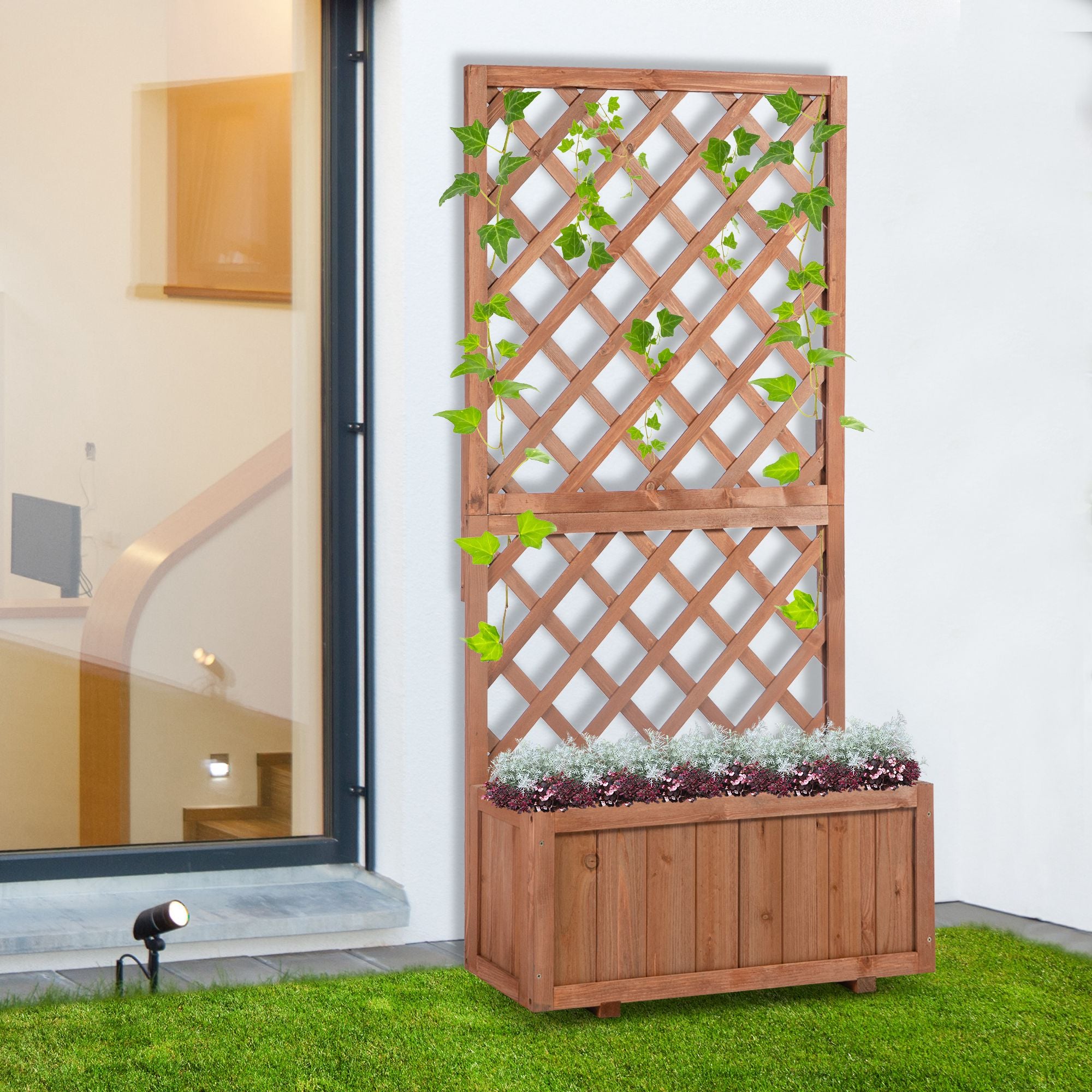 Outsunny Garden Wooden Pine Trough Planter with Topped Trellis Climbing Plants Flower Raised Bed