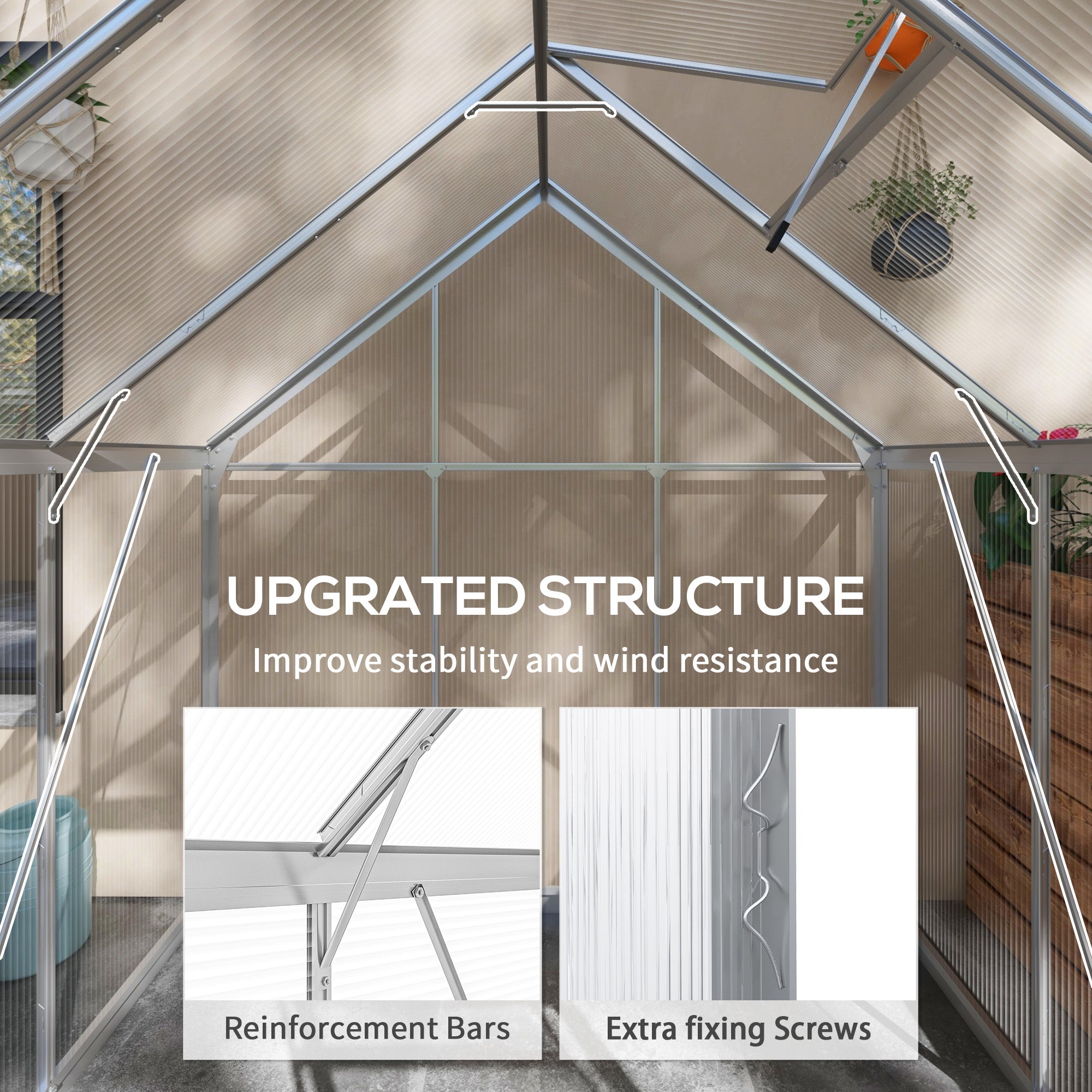 Outsunny 6 x 6ft Walk-In Greenhouse, Polycarbonate Greenhouse with Sliding Door, Window, Aluminium Frame, Foundation, Silver - North Peak Garden Furniture