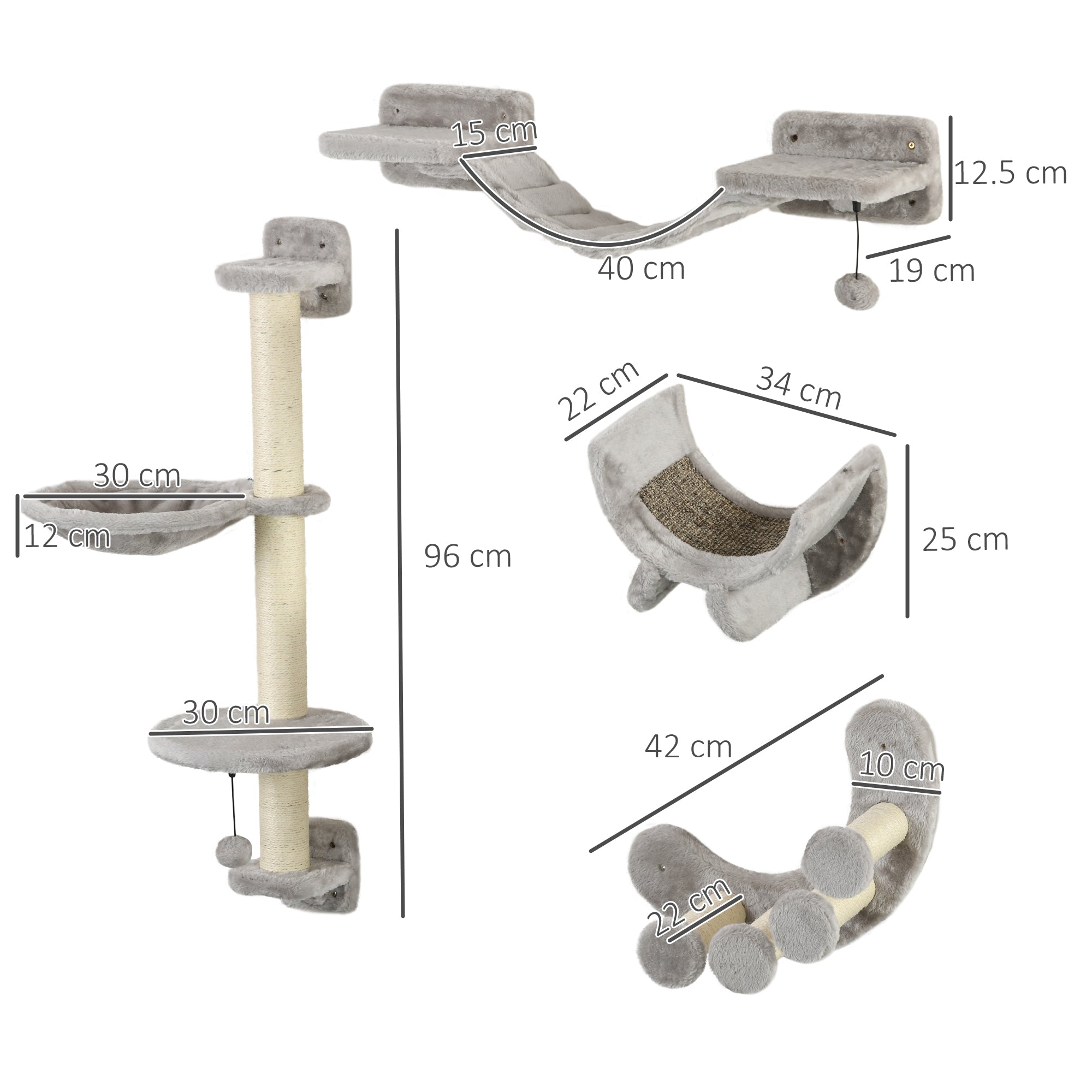PawHut Four-Piece Cat Wall Furniture, with Hammock, Ladder, Platforms, Steps, for Indoor Use - Grey - North Peak Garden Furniture