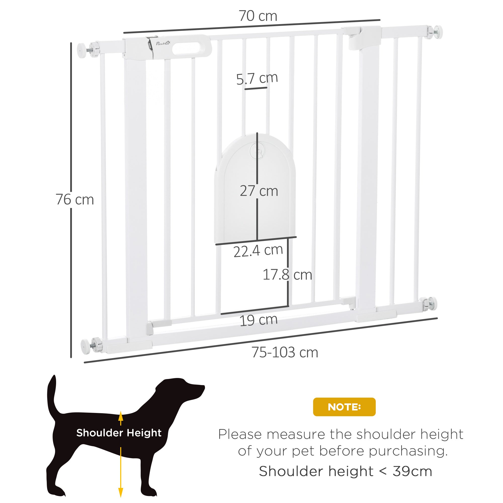 PawHut Dog Gate with Cat Flap Pet Safety Gate Barrier, Stair Pressure Fit, Auto Close, Double Locking, for Doorways, Hallways, 75-103 cm White - North Peak Garden Furniture