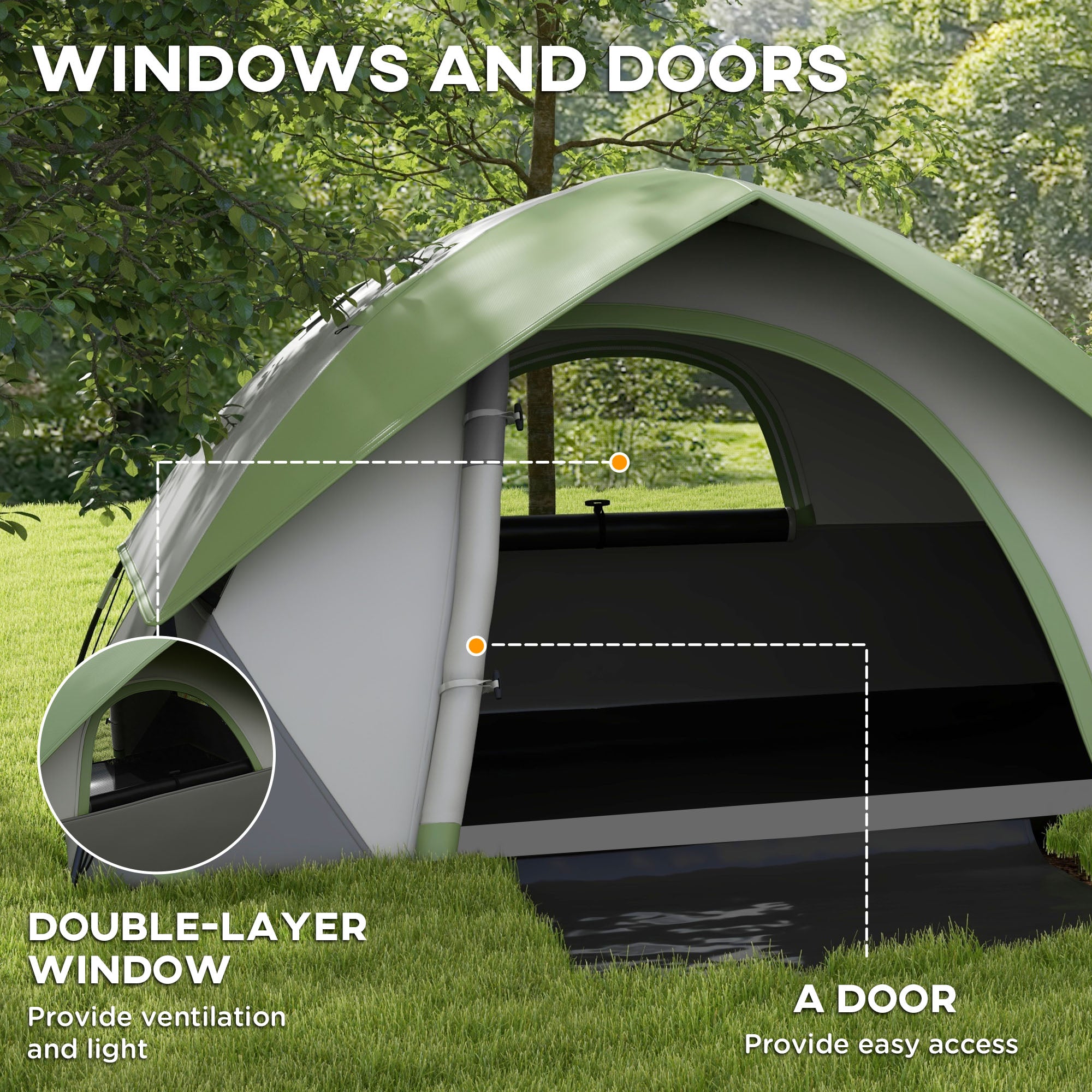 Outsunny Two Man Single Room Dome Tent, with Accessories - Green/Grey