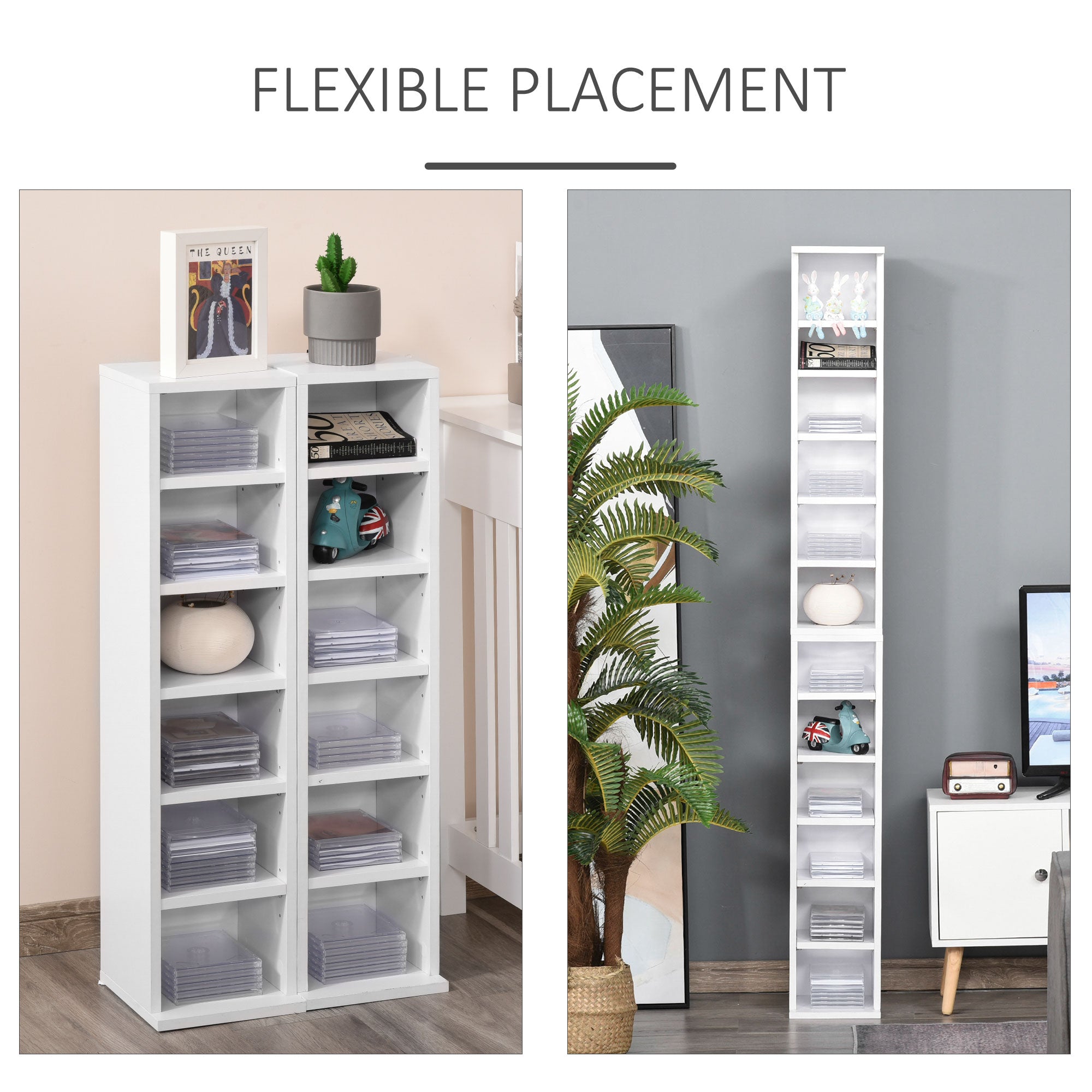 HOMCOM 204 CD Media Display Shelf Unit Set of 2 Blu-Ray Tower Rack w/ Adjustable Shelves Bookcase Storage Organiser, White - North Peak Garden Furniture