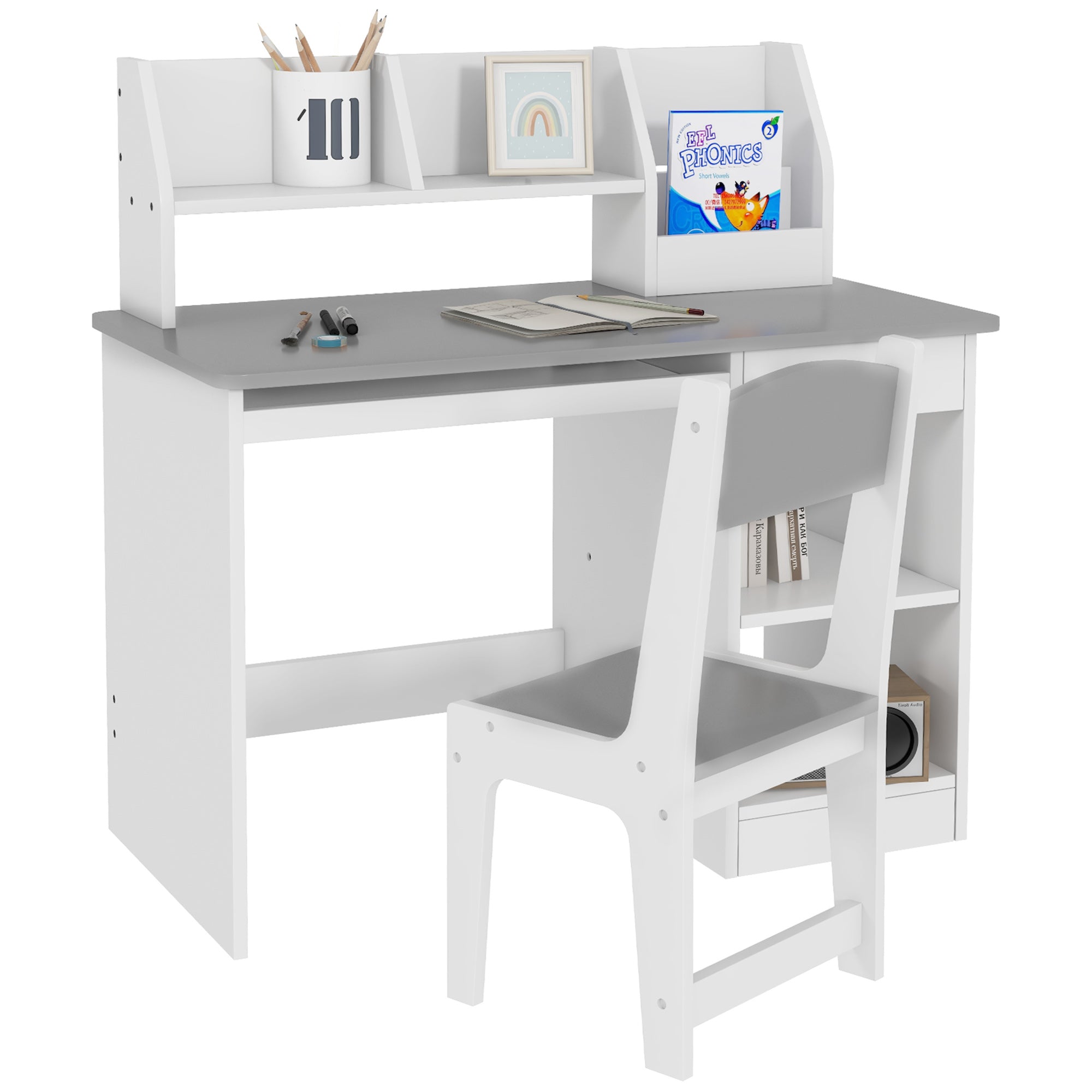 ZONEKIZ Two-Piece Kids Desk and Chair Set with Storage, for Ages 5-8 Years - Grey