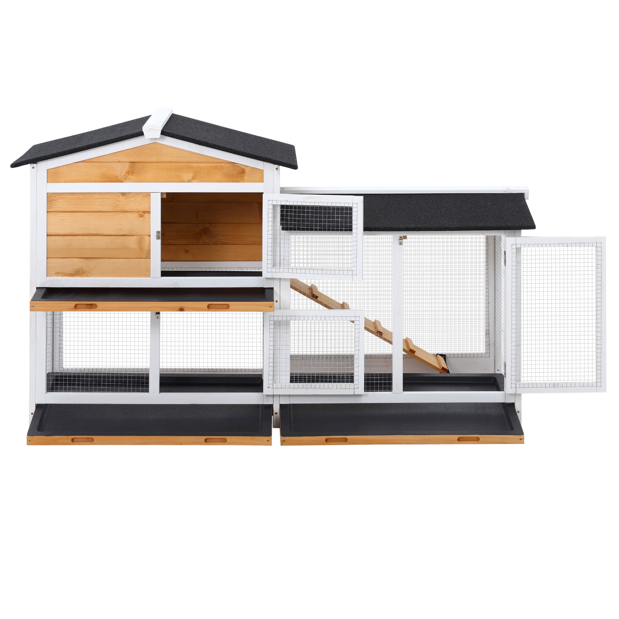 PawHut Rabbit Hutch Guinea Pig Hutch Wooden House with Run, 2 Tier Pet Cage Outdoor with No-leak Plastic Trays, 157.4 x 53 x 93.5cm, Yellow - North Peak Garden Furniture