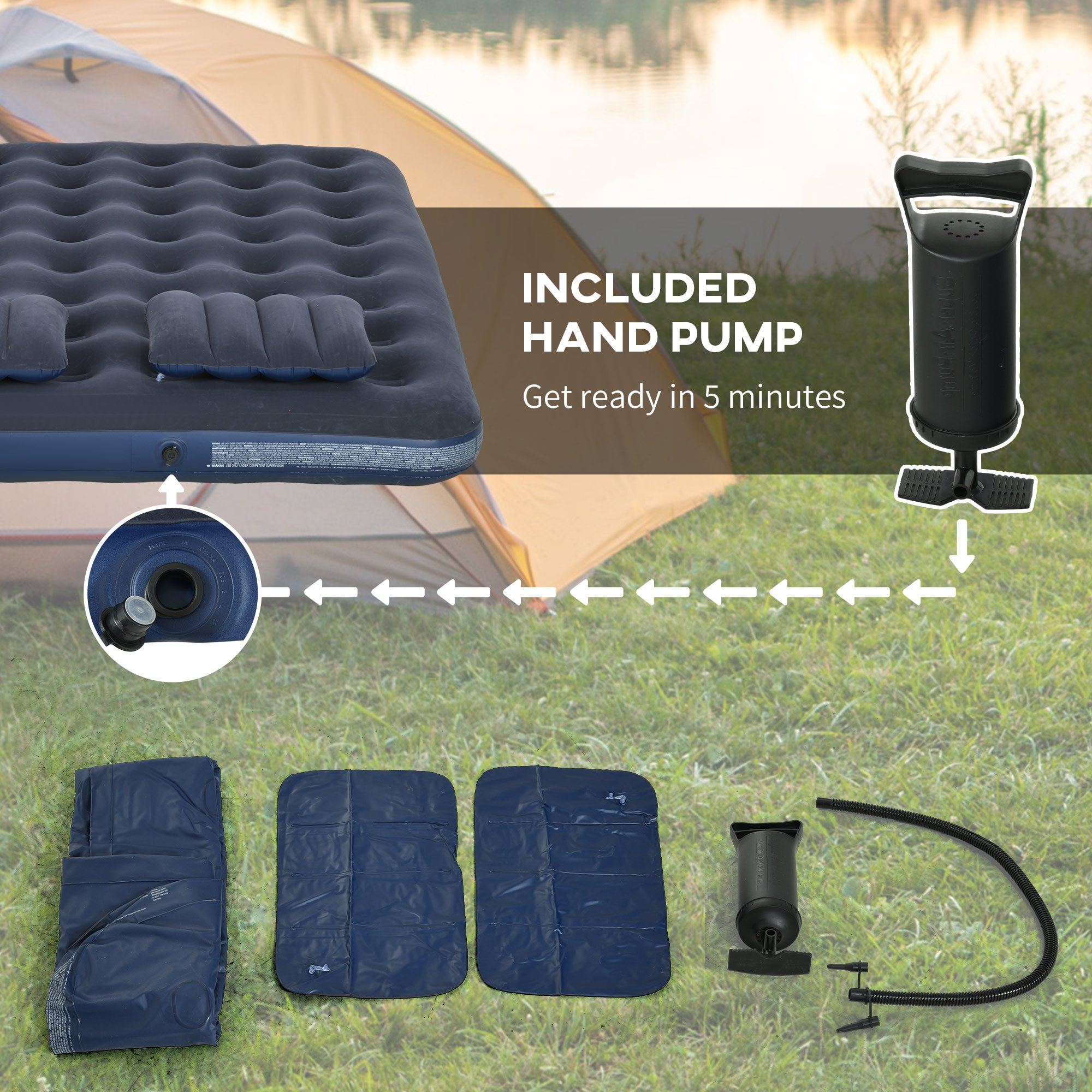 Outsunny Inflatable Double Air Bed, with Hand Pump - Blue - North Peak Garden Furniture
