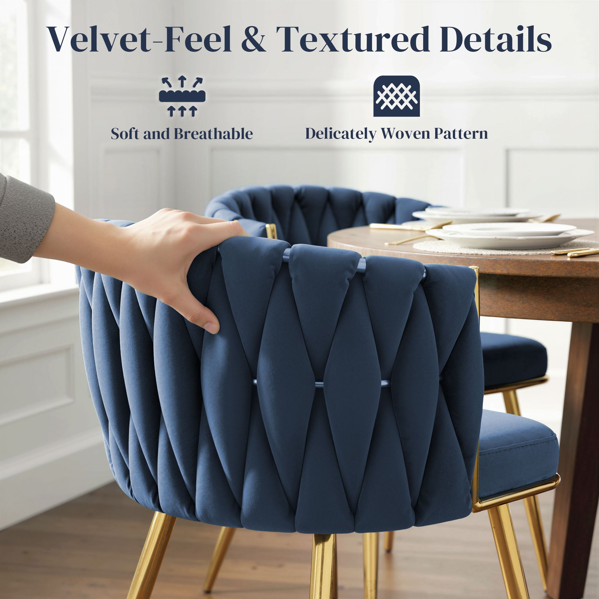 HOMCOM Velvet-Feel Dining Chairs Set of 2, Modern Upholstered Kitchen Chairs with Woven Backrest and Armrests, Metal Legs and Padded Seat for Dining Room, Bedroom, Living Room, Dark Blue