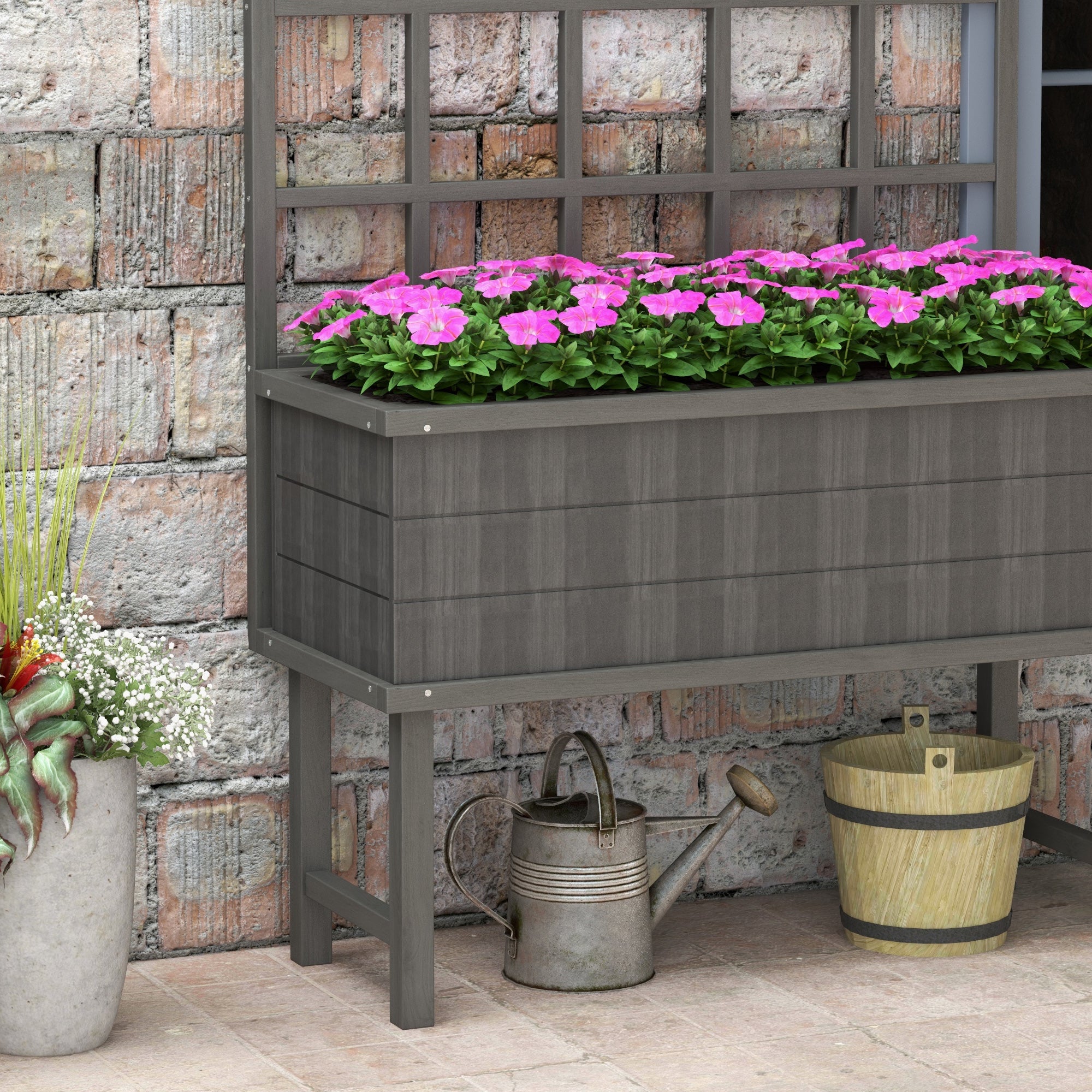 Outsunny 45 x 105cm Wooden Garden Planter, with Trellis - Grey - North Peak Garden Furniture