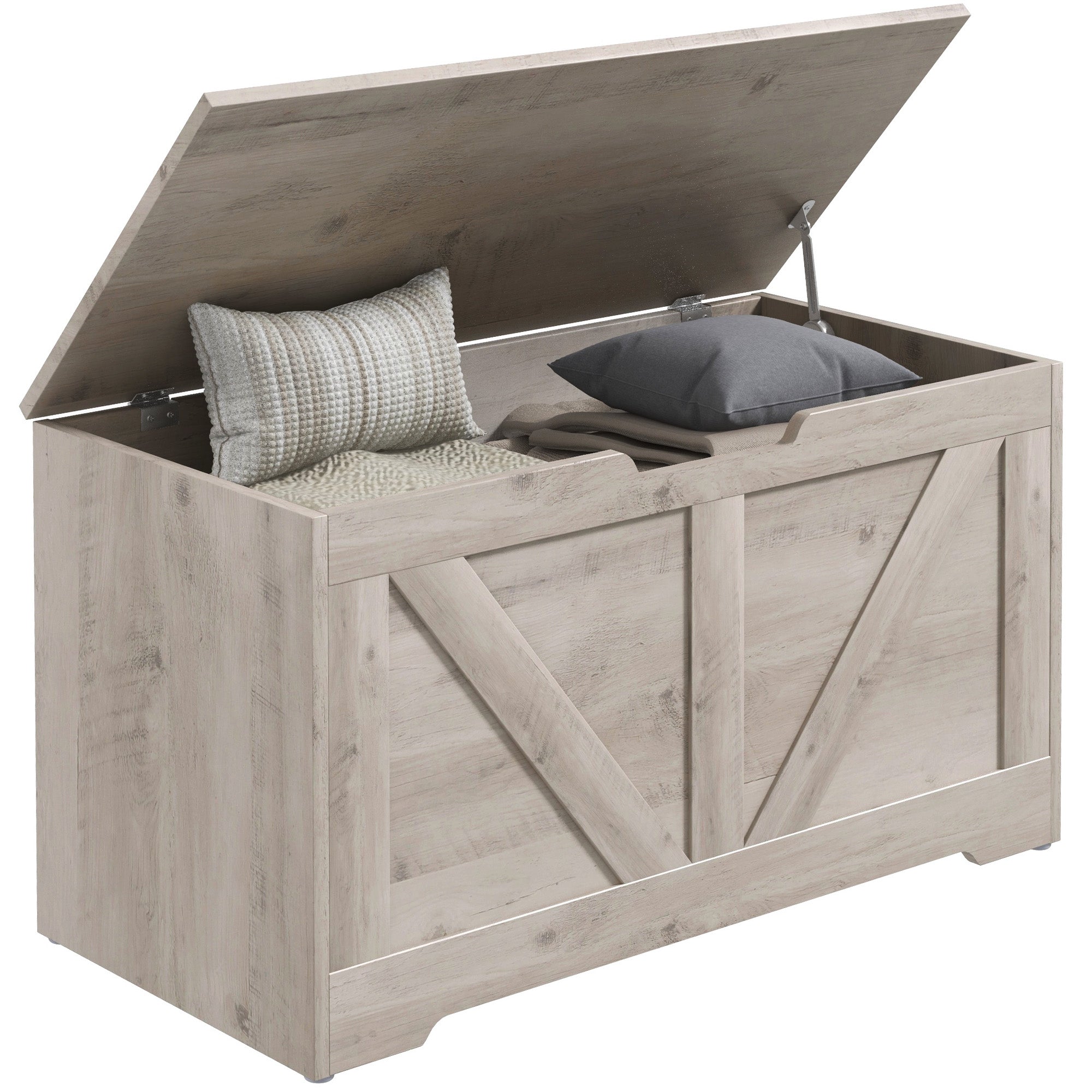 HOMCOM 100L Home Storage Box, with Safety Hinges - White Wood-Effect - North Peak Garden Furniture