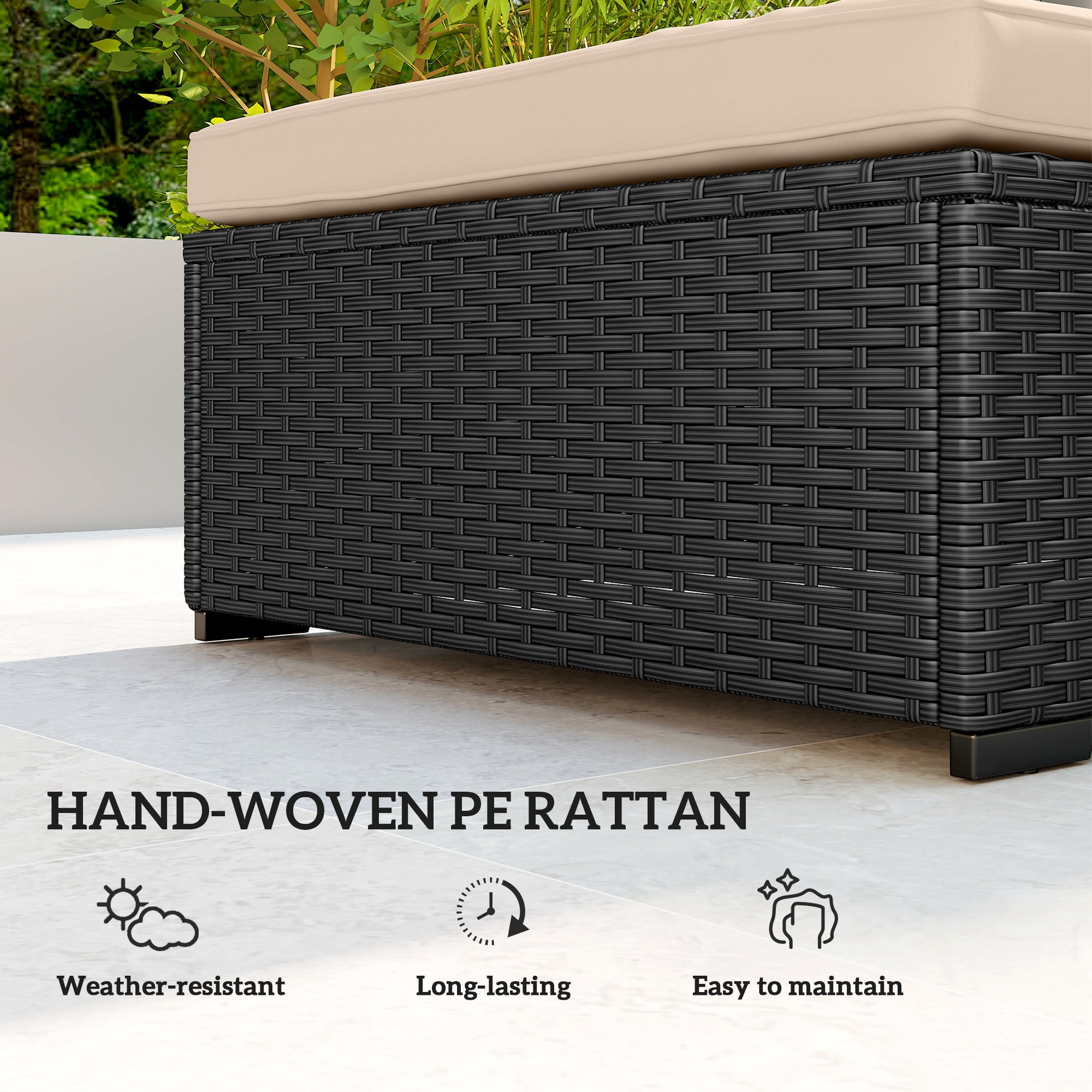 Outsunny Rattan Sun Lounger with 5-Level Reclining Back Side Tray and Cushion, Black