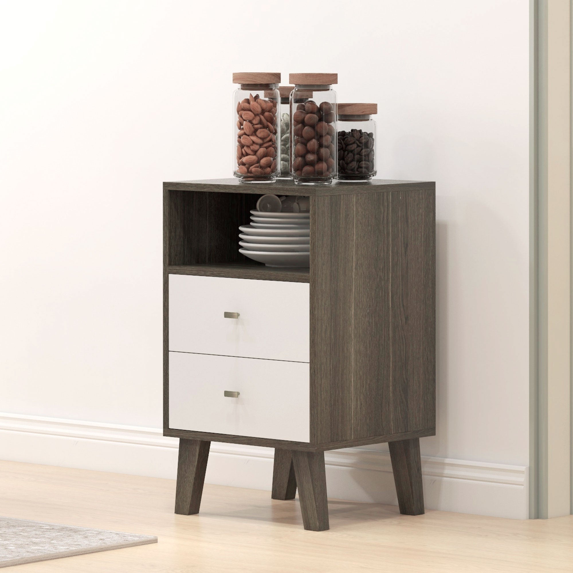 HOMCOM Industrial-Scandinavian Mix Bedside Table, with Drawers and Shelf - North Peak Garden Furniture