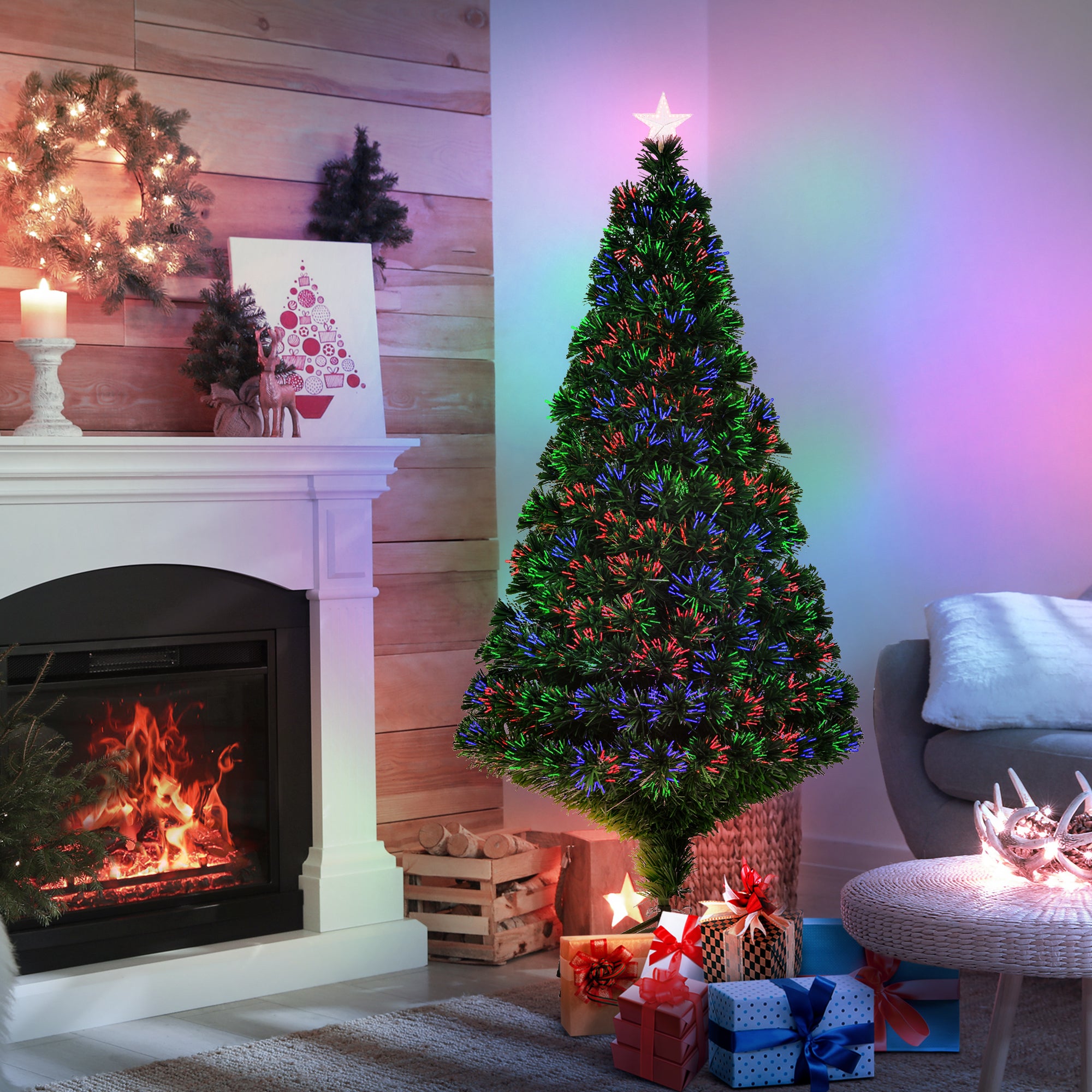 HOMCOM 5FT Pre-Lit Fibre Optic Artificial Christmas Tree Holiday Xmas Décor with Tree Topper Multi-Colour - North Peak Garden Furniture