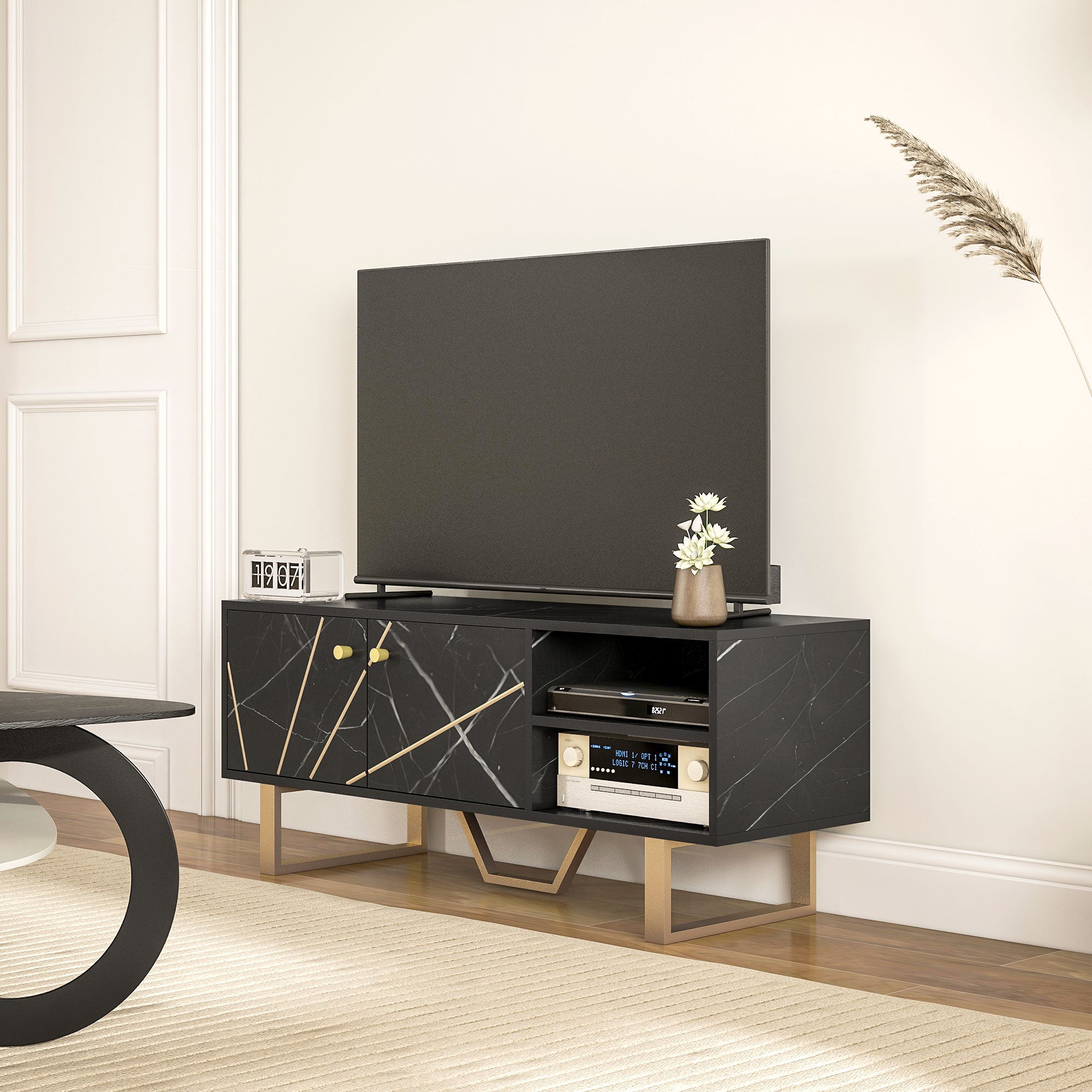 HOMCOM TV Stand Cabinet for TVs up to 50 Inches, TV Unit with Storage Shelves and Cupboard for Living Room, Black Marble Tone - North Peak Garden Furniture