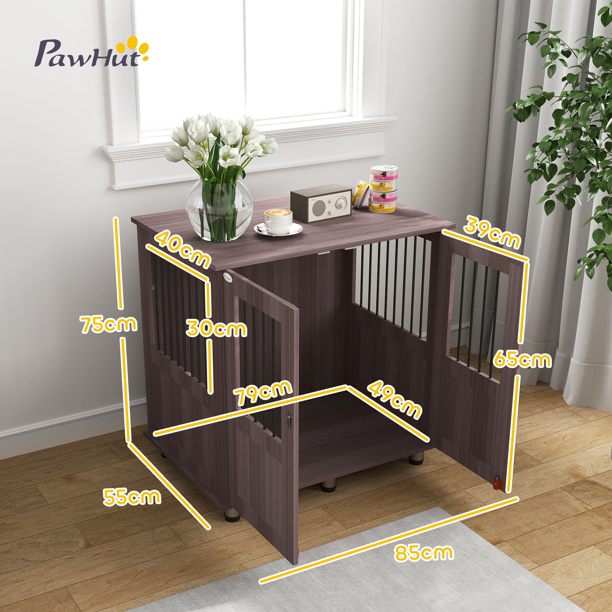 PawHut Dog Crate Table for Medium and Large Dogs with Magnetic Door for Indoor Use, 85 x 55 x 75 cm, Purple - North Peak Garden Furniture