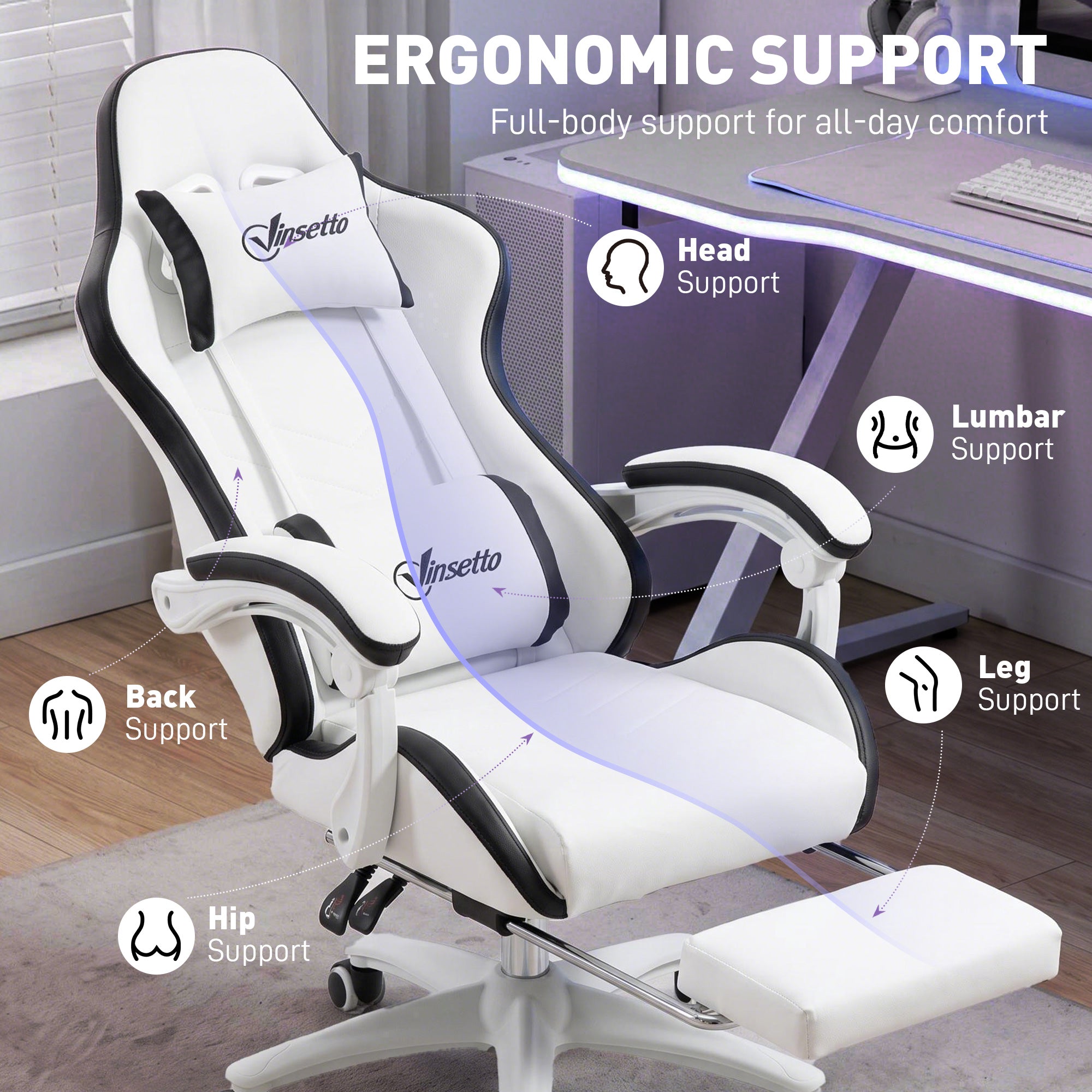 Vinsetto Computer Gaming Chair, PU Leather Desk Chair with Footrest, Swivel Task Chair with 135° Reclining Back and Lumbar Support, PC Chair for Adults, White and Black