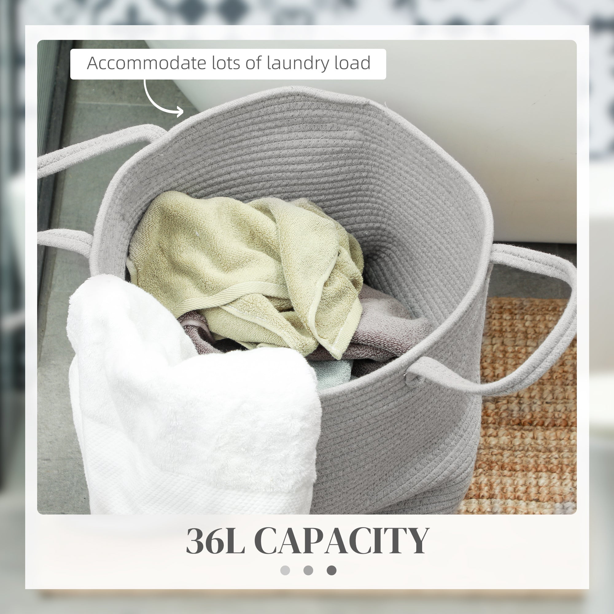 HOMCOM 36L Cotton Rope Laundry Basket, with Handles - Grey - North Peak Garden Furniture