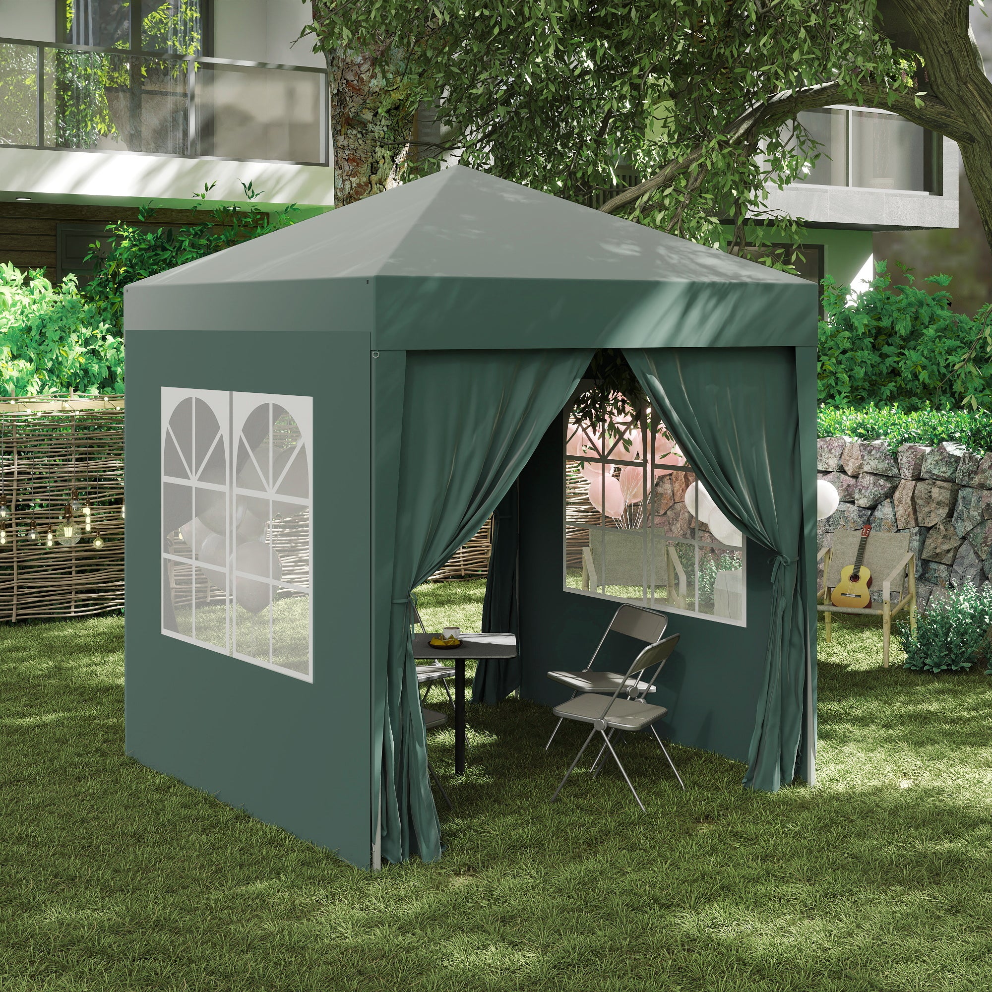 Outsunny 2 x 2 m Garden Pop Up Gazebo, Wedding Party Tent Marquee, Water Resistant Awning Canopy with Sidewalls, Windows, Carry Bag, Green - North Peak Garden Furniture