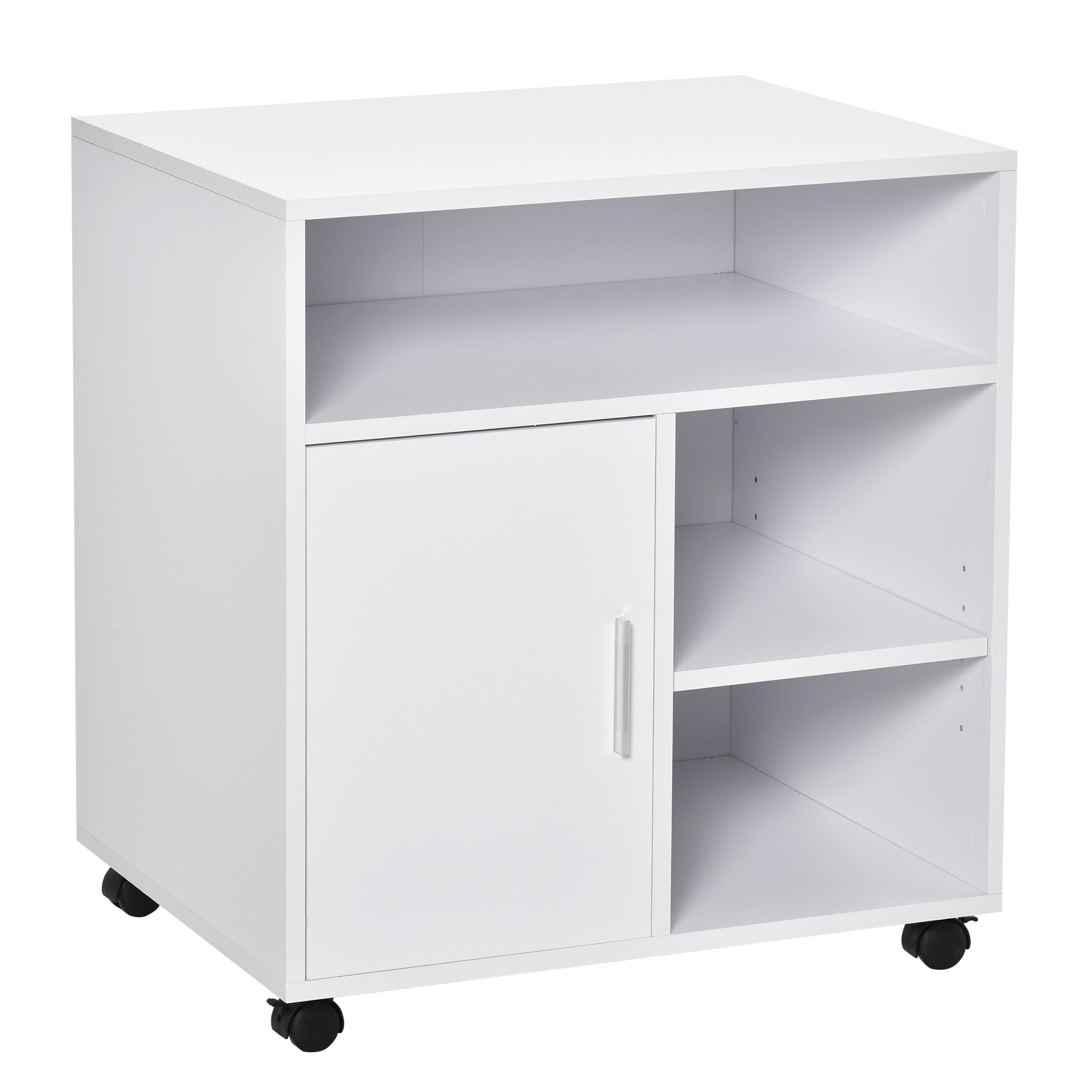 HOMCOM Mobile Printer Stand with Multiple Storage, Office Desk Side Unit on Wheels, Modern Design, 60L x 50W x 65.5H cm, White