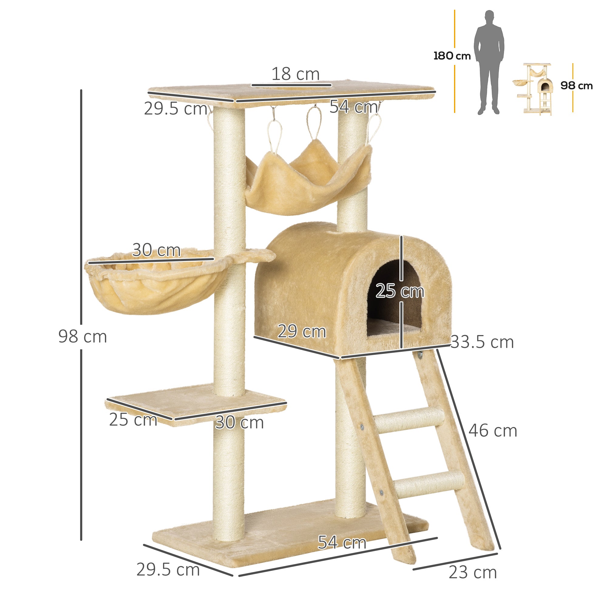 PawHut Cat Tree Tower for Indoor Cats Kitten Activity Centre Scratching Post w/ Hammock House Basket Ladder - Beige