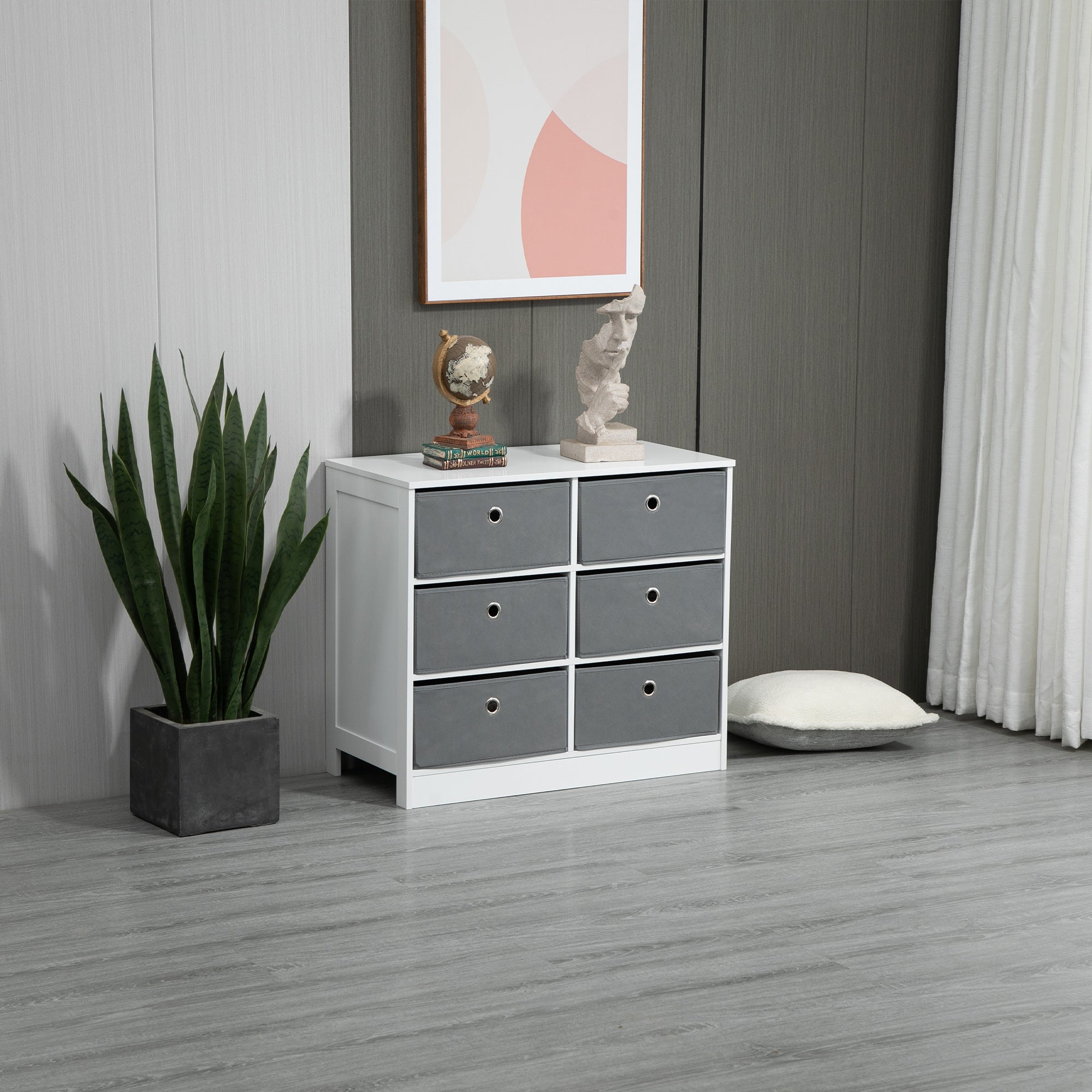 HOMCOM Bedroom Dresser: 6 Fabric Drawers for Living Room & Hallway Storage, White & Grey |