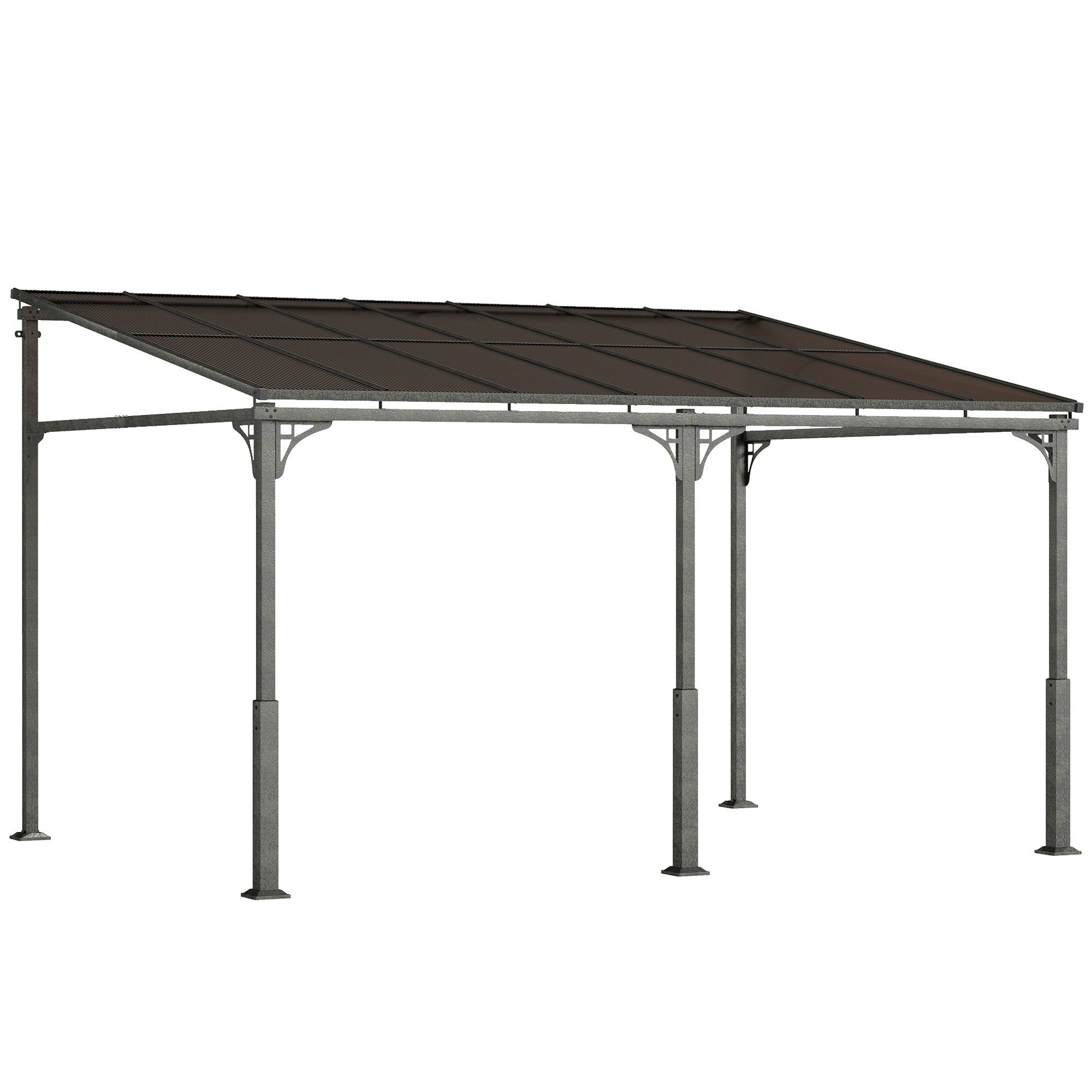 Outsunny 4 x 3 m Metal Lean-to Pergola, Wall-Mounted Garden Pergola with Polycarbonate Roof and Metal-Aluminium Frame, Heavy Duty Hardtop Gazebo for Outdoor Patios, BBQ, Brown