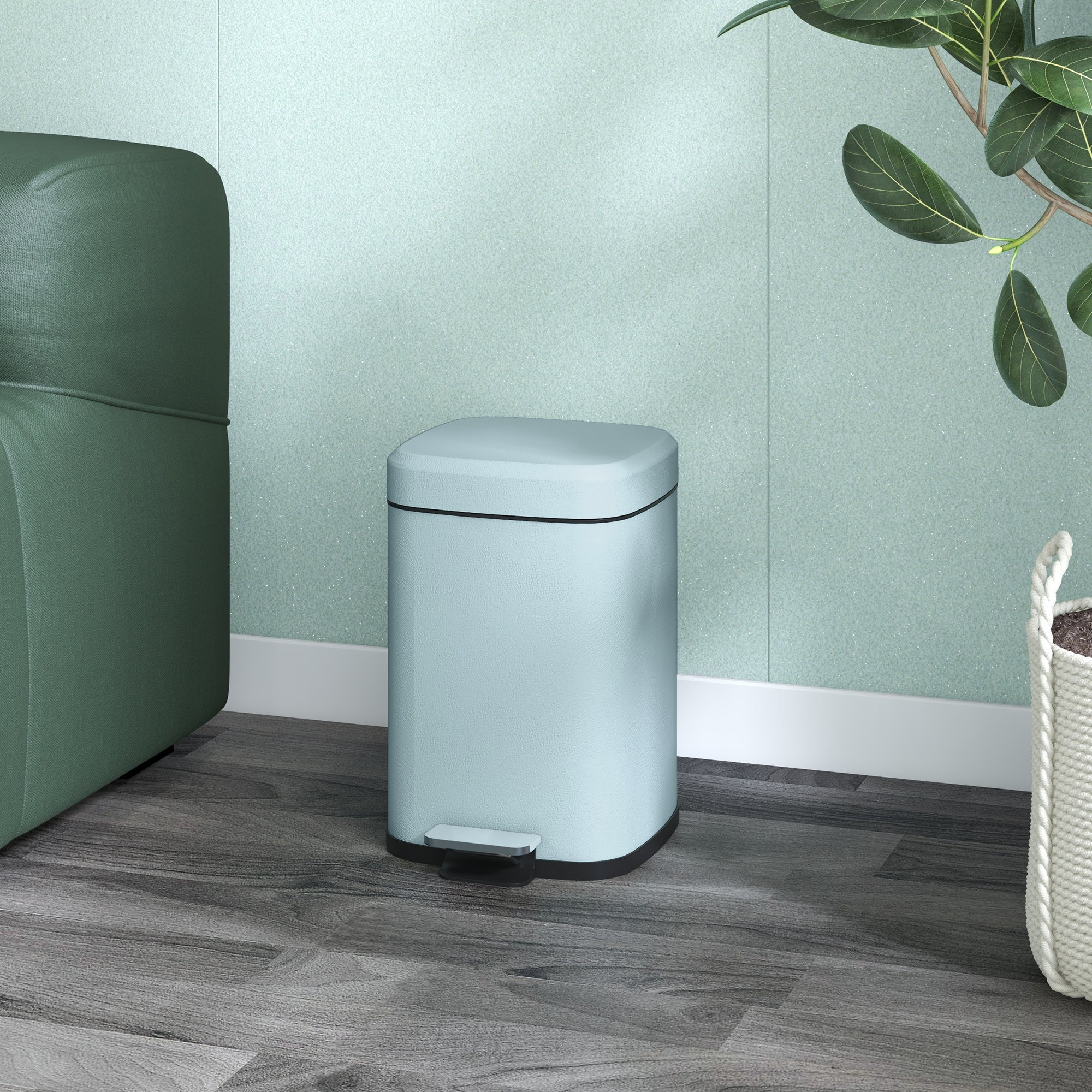HOMCOM 12L Modern Boxy Metal Home Kitchen Bin - Light Green - North Peak Garden Furniture