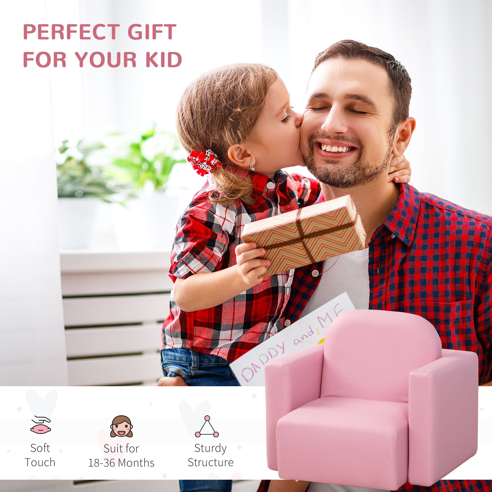 HOMCOM 2 In 1 Toddler Sofa Chair, 48 x 44 x 41 cm, for Game Relax Playroom, Pink - North Peak Garden Furniture