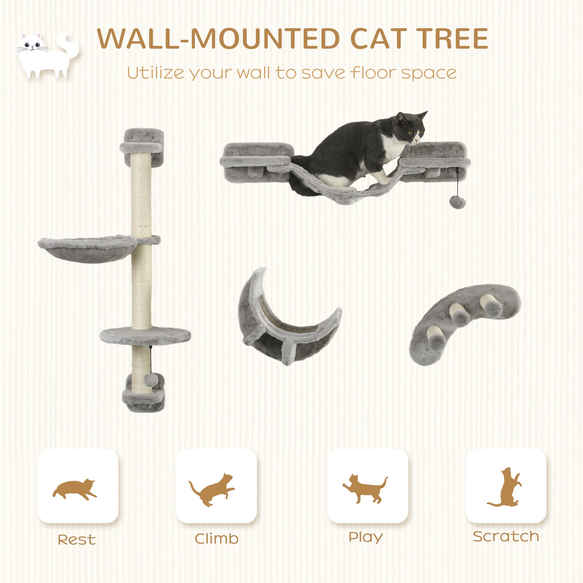 PawHut Four-Piece Cat Wall Furniture, with Hammock, Ladder, Platforms, Steps, for Indoor Use - Grey - North Peak Garden Furniture