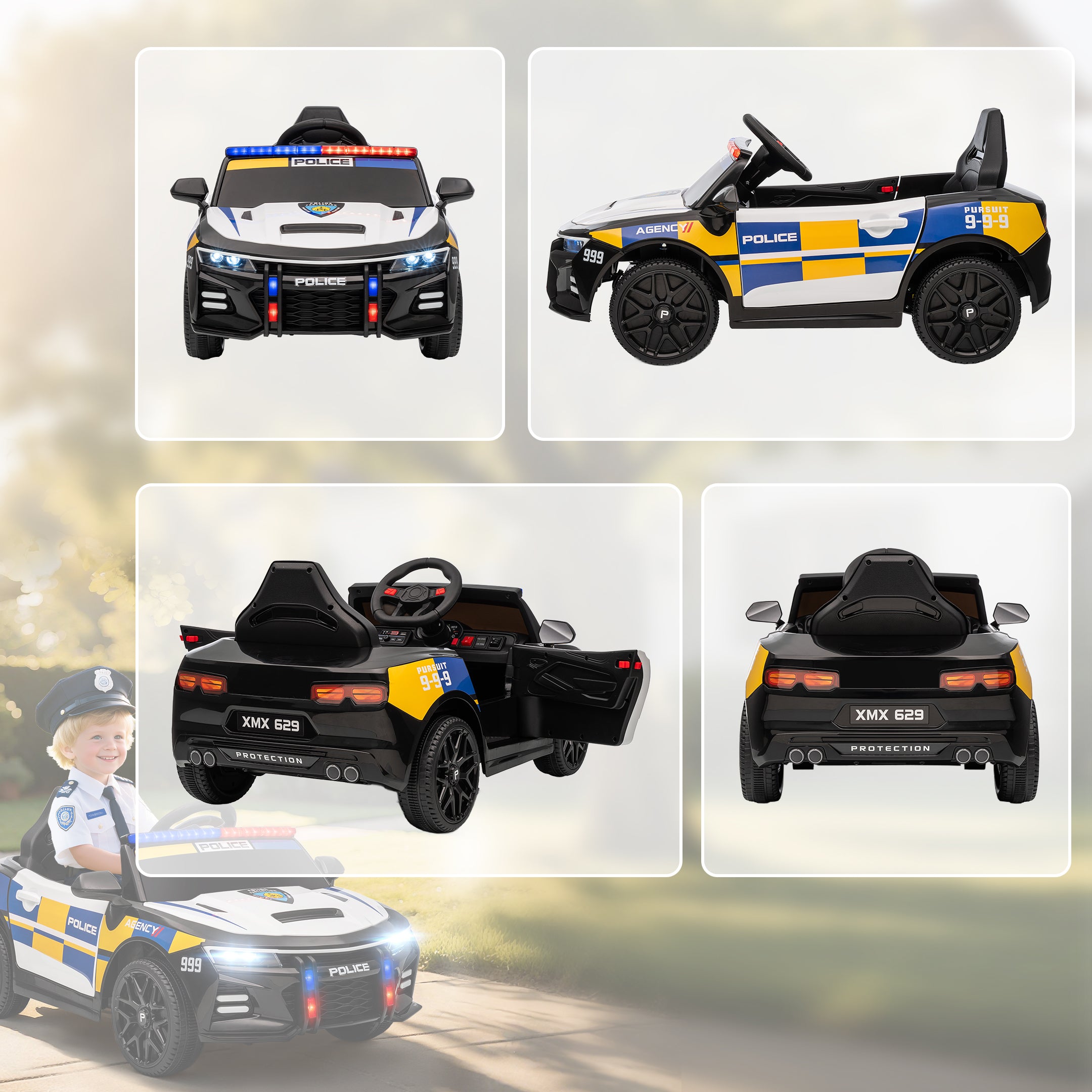 AIYAPLAY Kids Electric Ride on Police Car with Remote Control, Music, Horn, Siren Flashing Lights for 3-5 Years Old, Multicolour