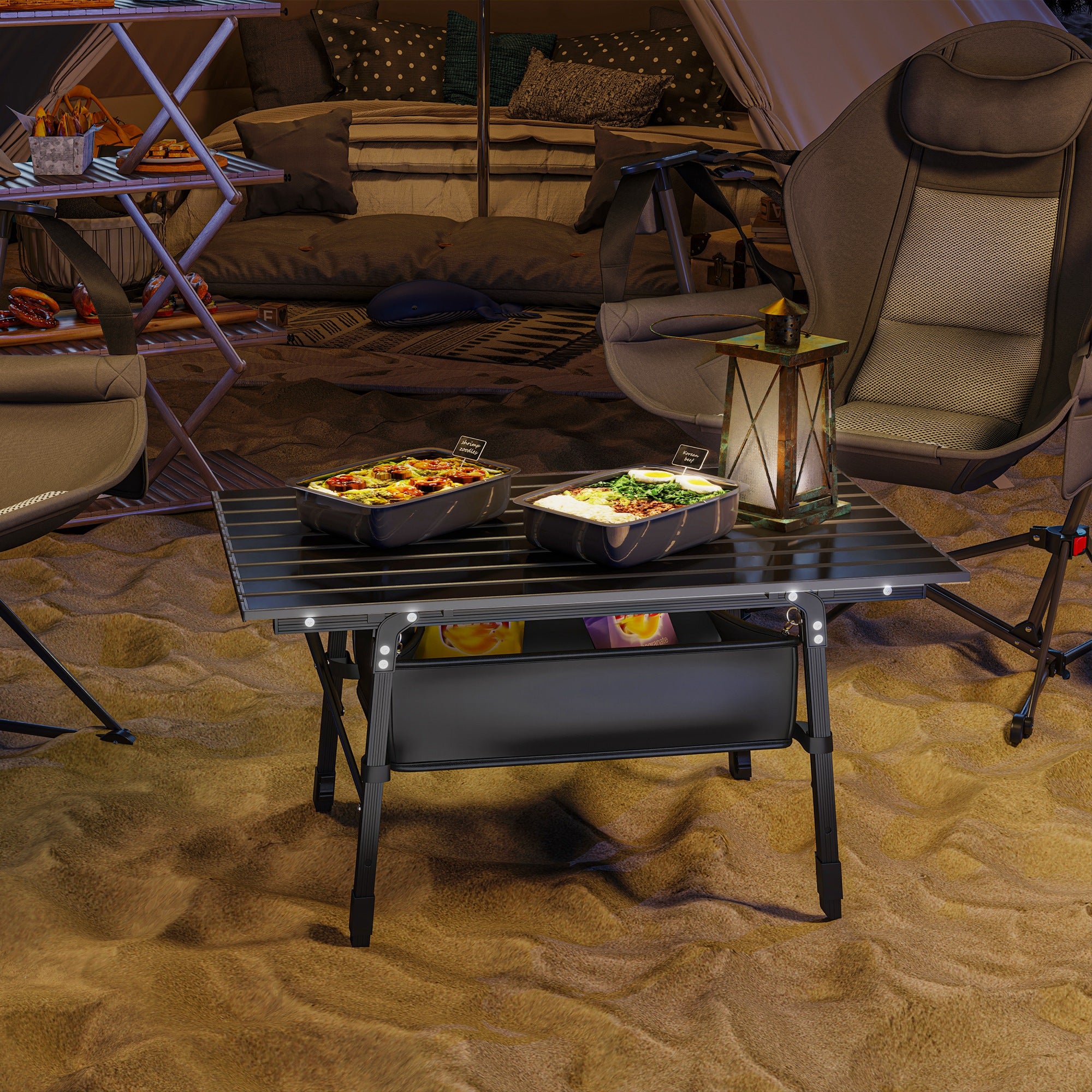 Outsunny Folding Camping Table, 90 x 55 cm Height Adjustable Portable Collapsible Table, 3ft Lightweight Aluminium Rollup Picnic Table with Storage Basket for Outdoor Garden Party BBQ, Black - North Peak Garden Furniture
