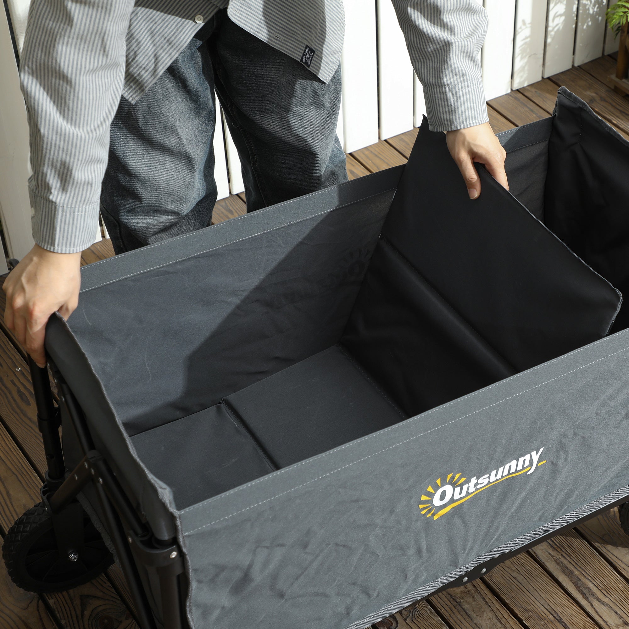 Outsunny 120L Folding Garden Trolley Cart, Outdoor Collapsible Wagon with Wheels and Adjustable Handle for Beach, Camping, Festival, Grey - North Peak Garden Furniture