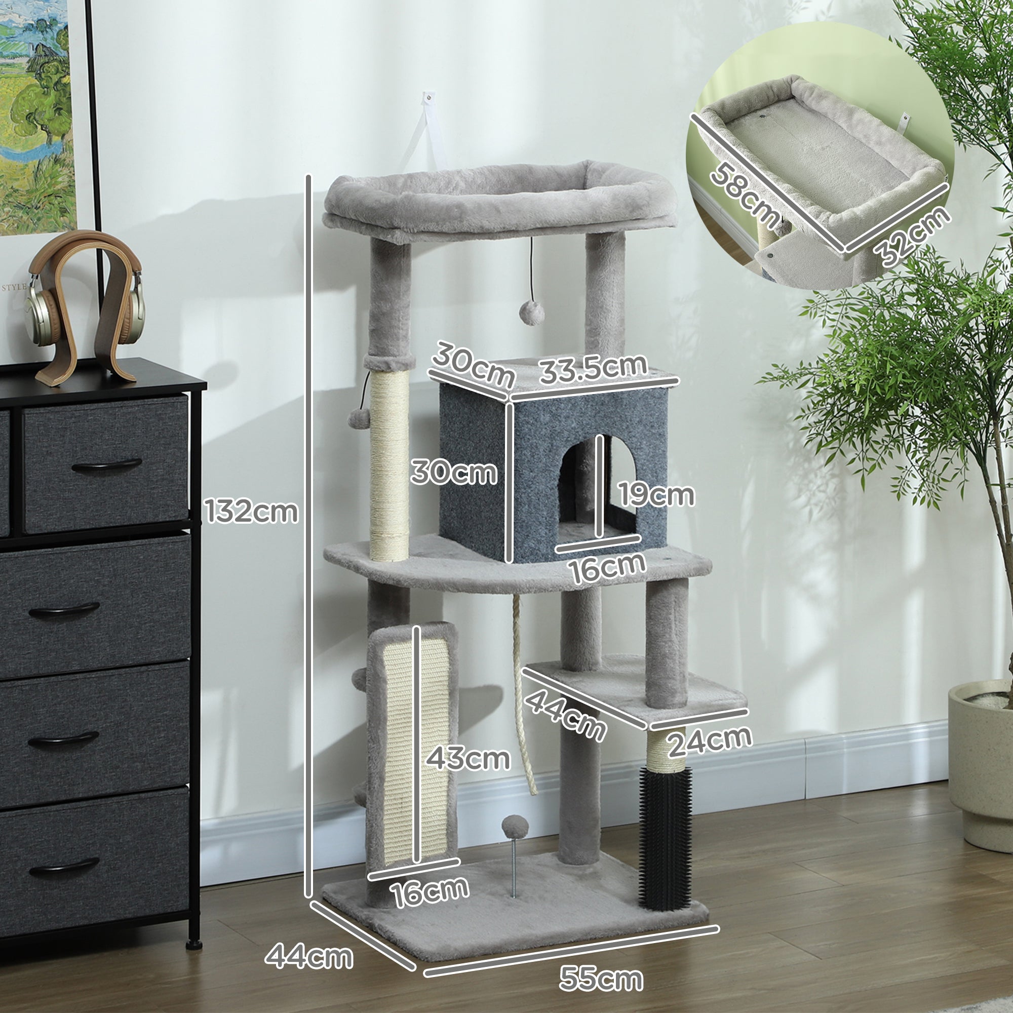 PawHut 132cm Cat Tree w/ Scratching Posts, Pad, Cat Bed, Cat House, Jumping Platform, Grooming Brush, Anti-Tip Kit, Light Grey - North Peak Garden Furniture
