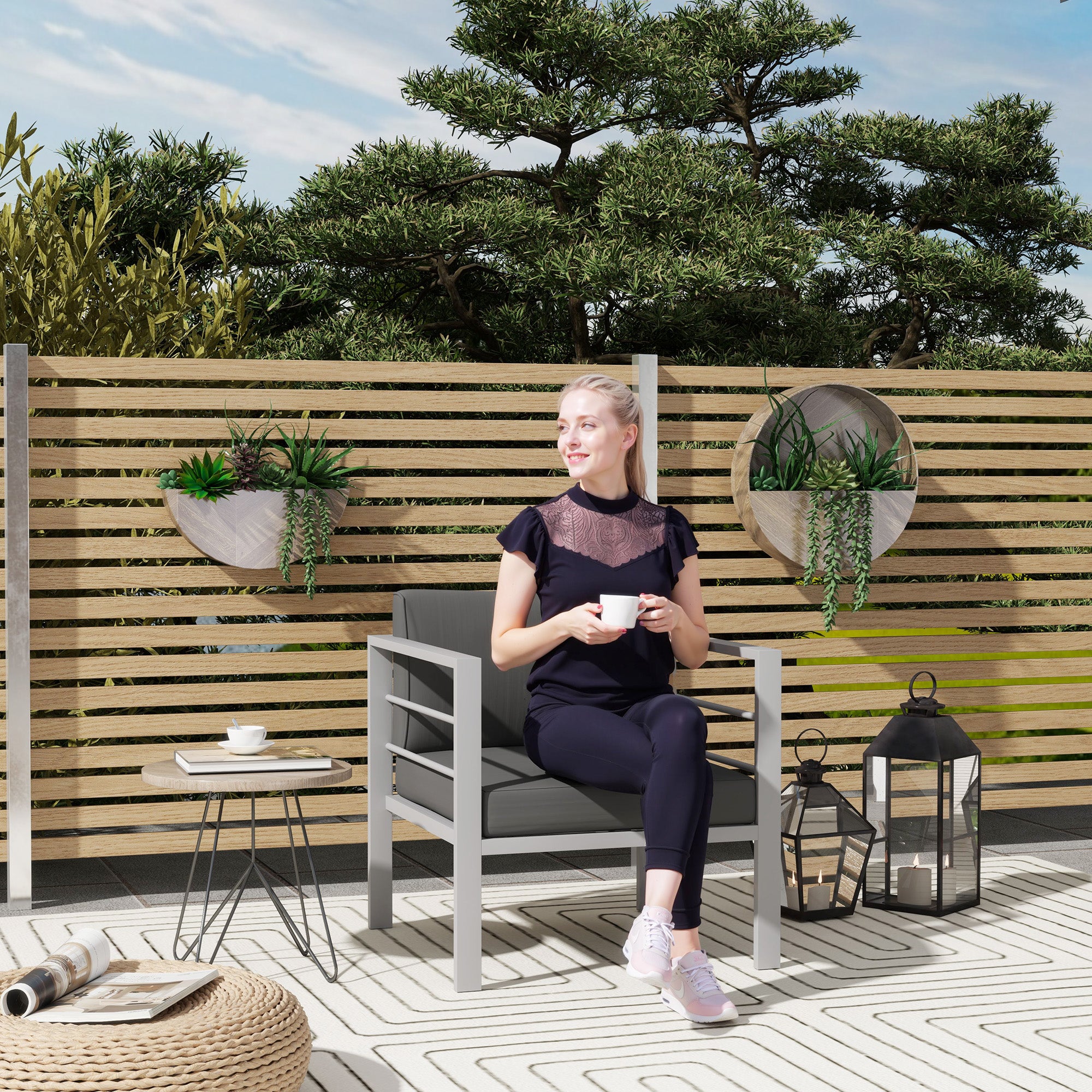 Outsunny Garden Sofa, All-Weather Garden Single Sofa with Removable Cushions, Metal Frame Outdoor Furniture for Balcony, Charcoal Grey - North Peak Garden Furniture