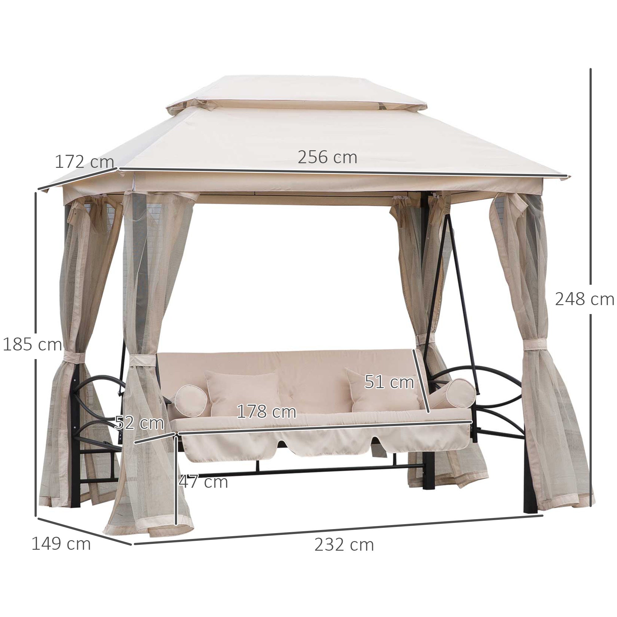 Outsunny Outdoor 2-in-1 Convertible Swing Chair Bed 3 Seater Porch w/Nettings