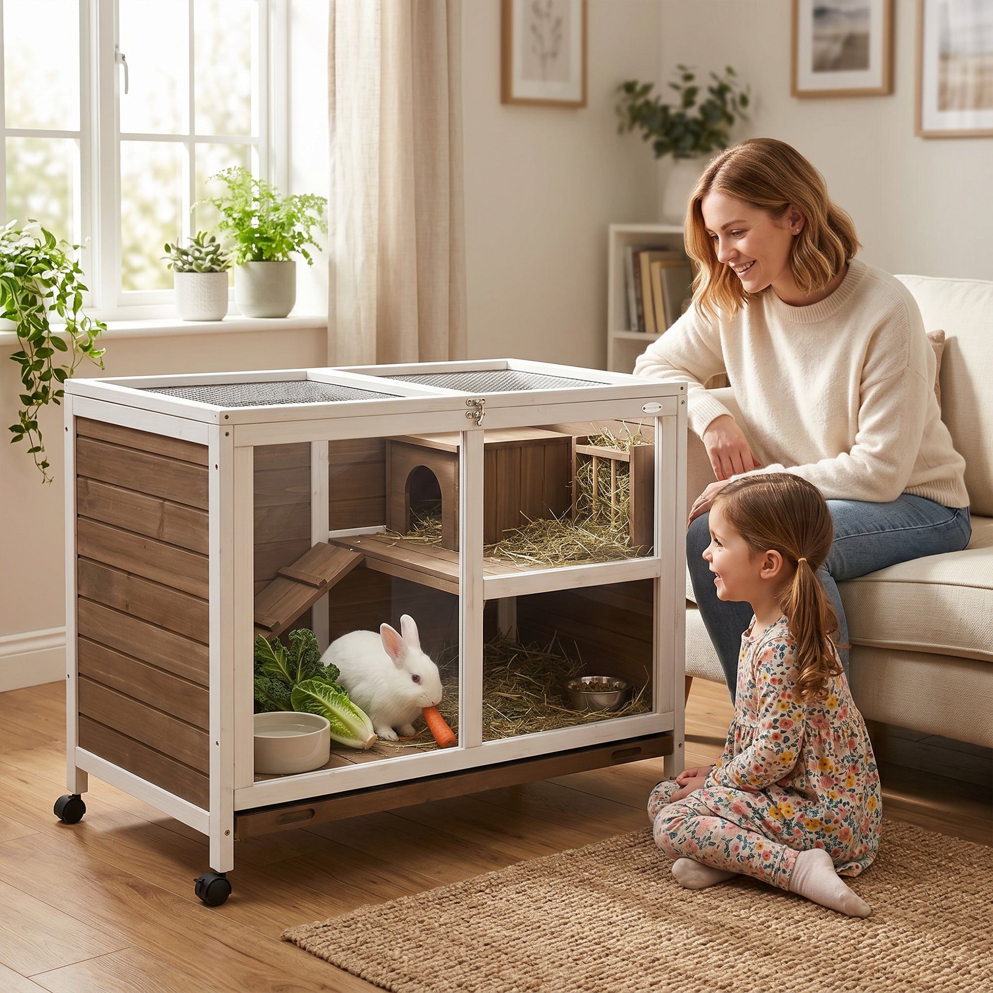PawHut Wooden Rabbit Hutch, Bunny Cage w/ Tray, Ramp, Openable Roof, Wheels, 91.5 x 53.3 x 73cm - Brown