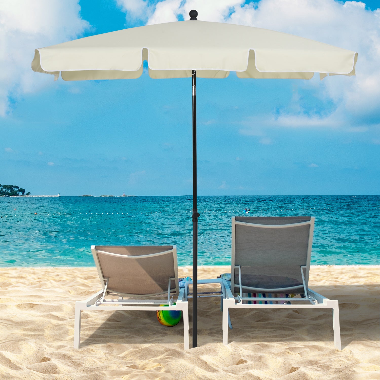Outsunny Garden Parasol Umbrella, Outdoor Market Table Umbrella with Ruffles & Aluminium Pole, Rectangular Tilting Parasol Sun Shade Canopy, 2 x 1.3m, Cream White - North Peak Garden Furniture