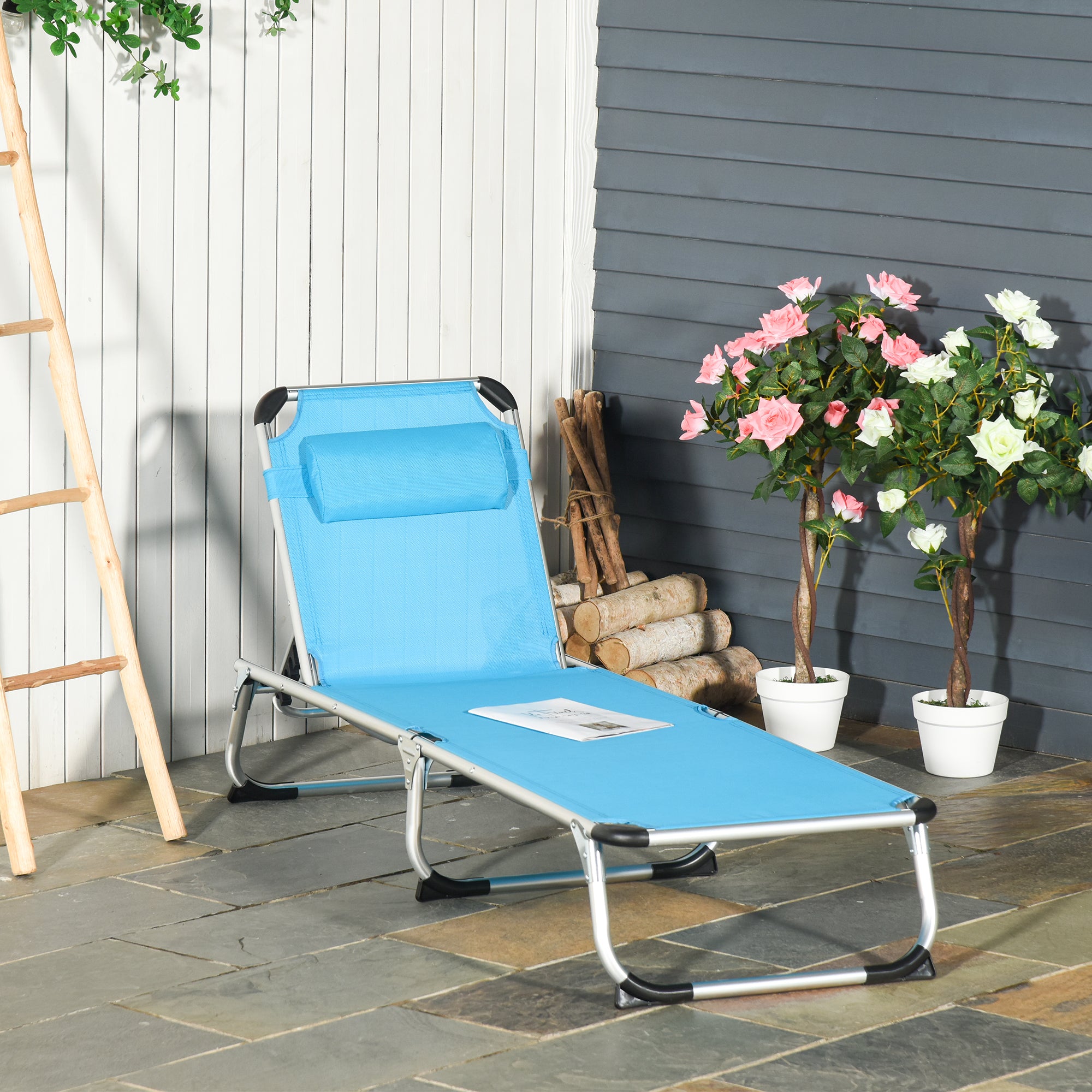 Outsunny Foldable Outdoor Sun Lounger, Reclining Lounge Chair Camping Bed Cot with Pillow 4-Level Adjustable Back Aluminium Frame, Blue - North Peak Garden Furniture