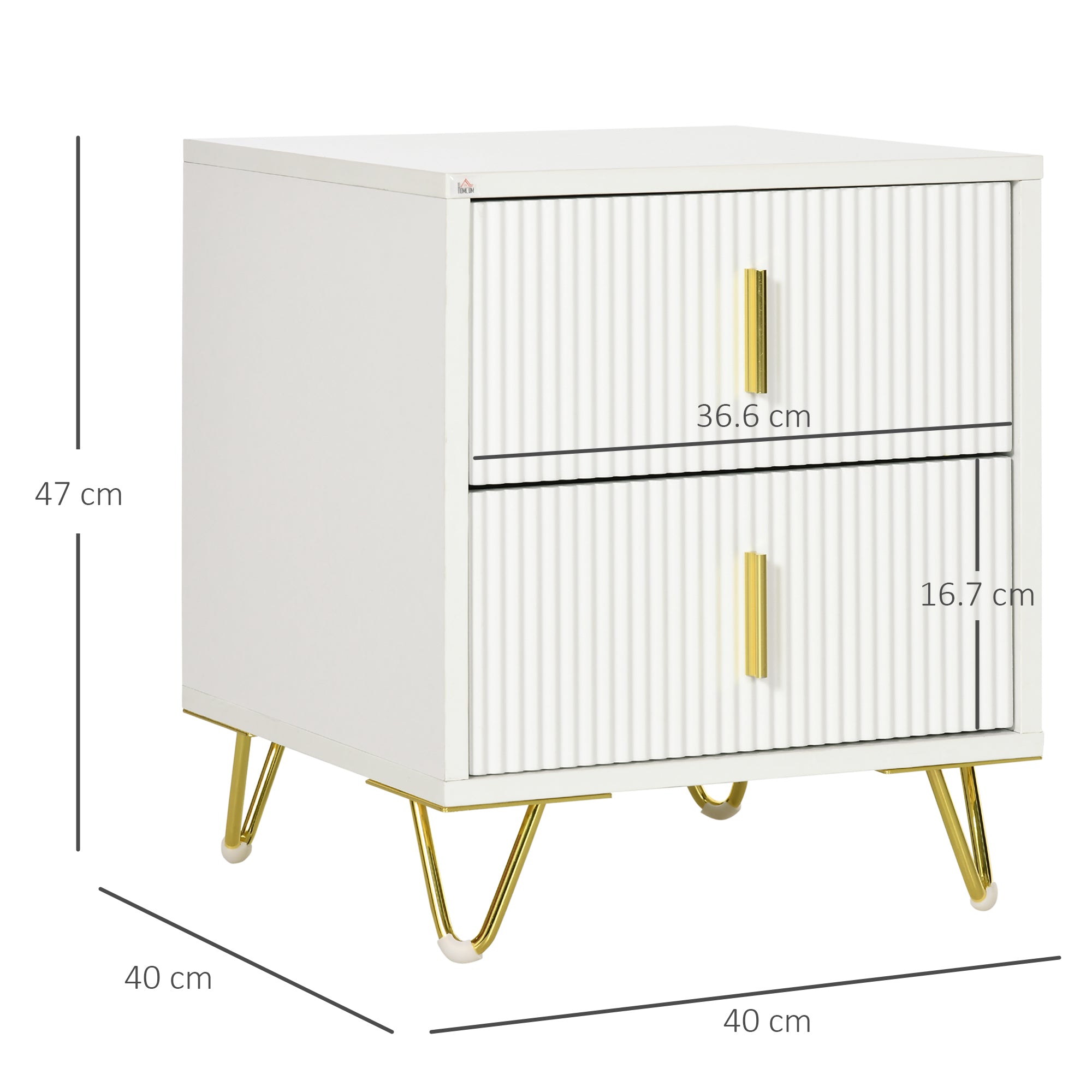 HOMCOM Bedside Table with 2 Drawers, Side End Table, Nightstand with Metal Frame for Living Room, Bedroom, White - North Peak Garden Furniture