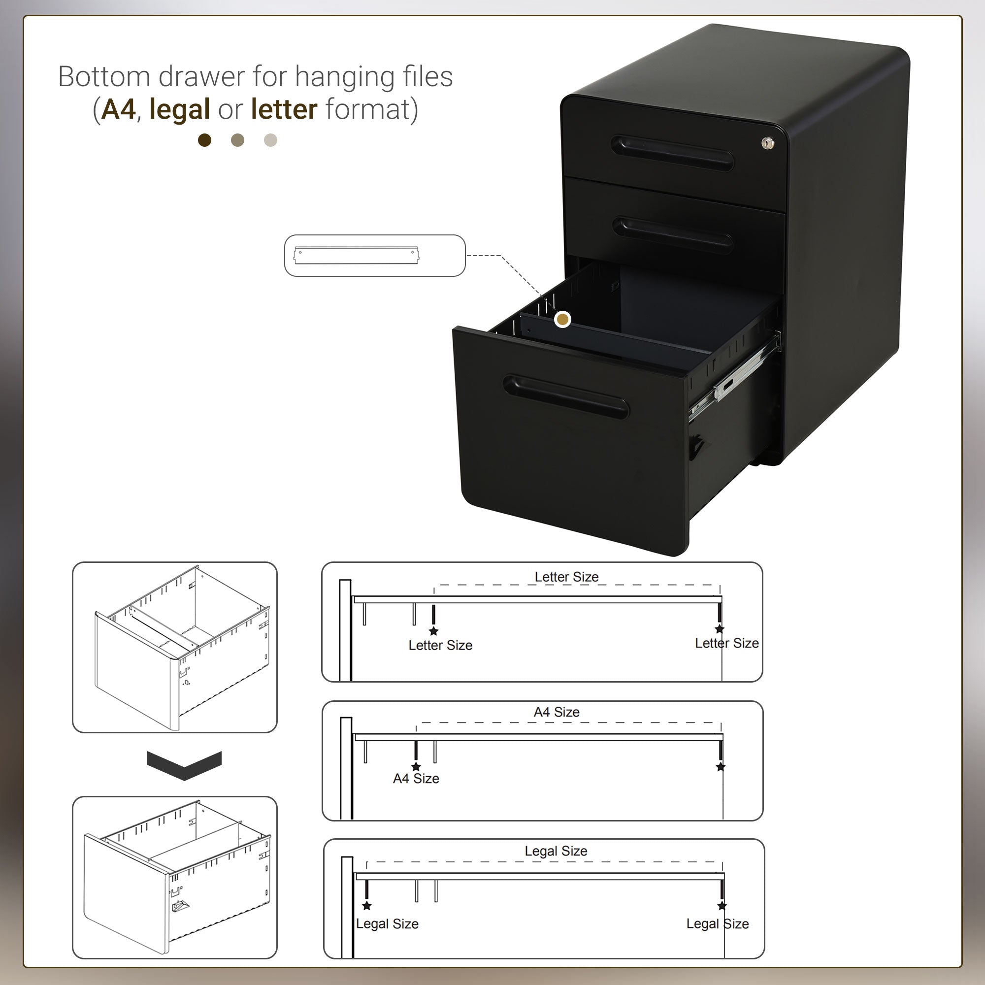 Vinsetto Lockable File Cabinet with 3 Drawers, Vertical Office Drawer for A4, Letter, Legal Size, Anti-tilt Design, Pre-Assembled Body, Black - North Peak Garden Furniture